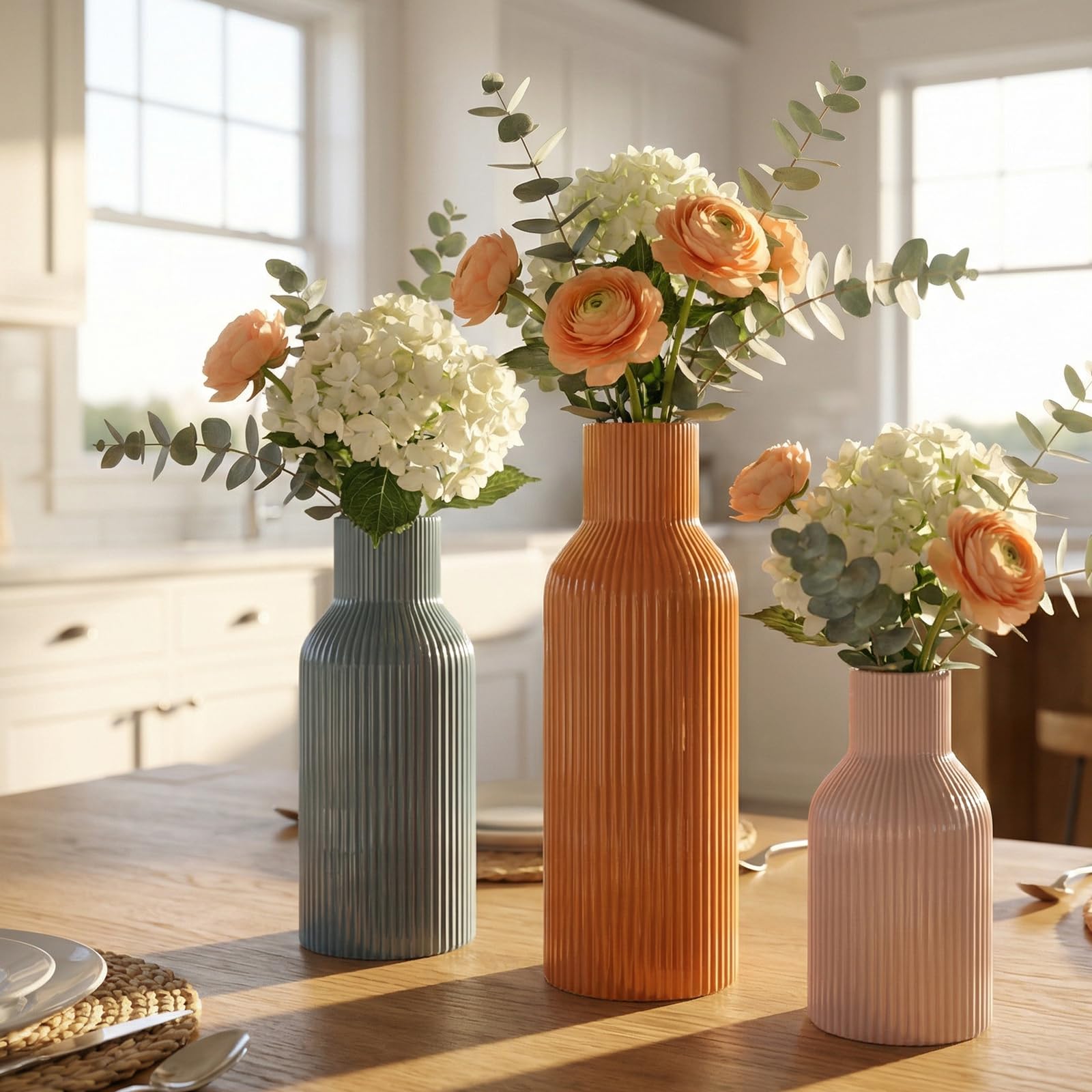 Ceramic Vases Set of 3 – Modern Matte Ribbed Vases for Pampas Grass & Dried Flowers | Boho, Farmhouse & Minimalist Home Decor