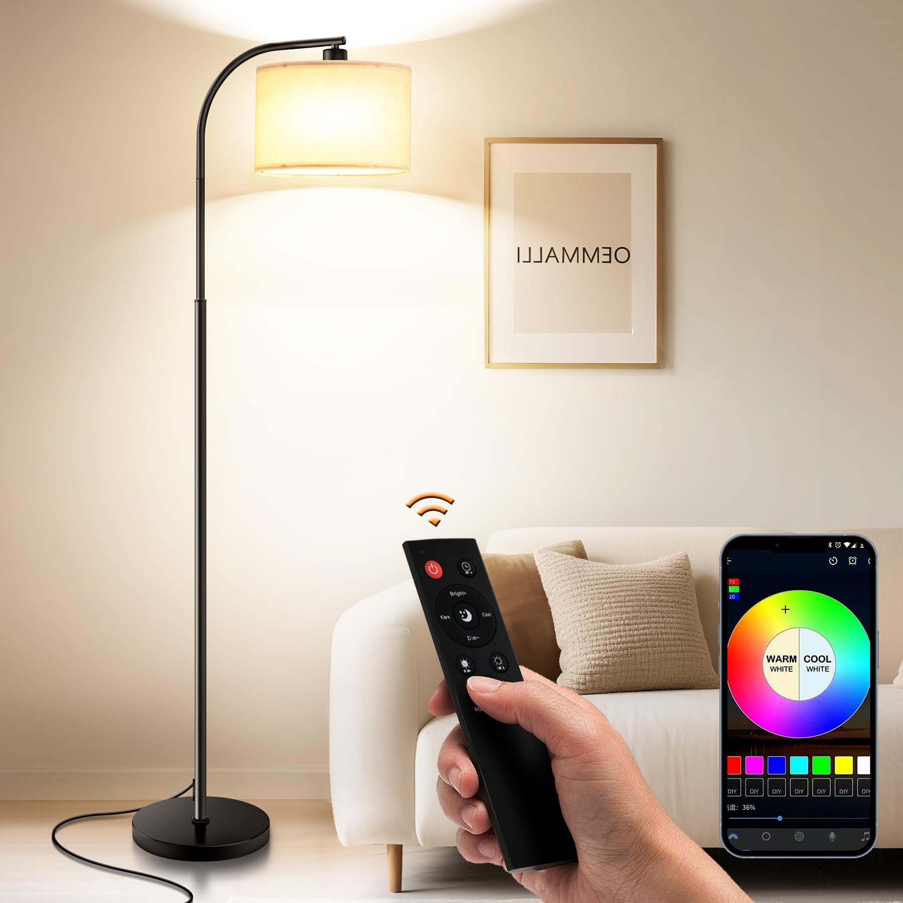 Tall Floor Lamp for Living Room,65'' Modern Standing Lamps with 9W LED Bulb,Elegant Floor Light with Fabric Shade,Gold Tall Lamp for Bedroom Office Study Room Corner Dining Room