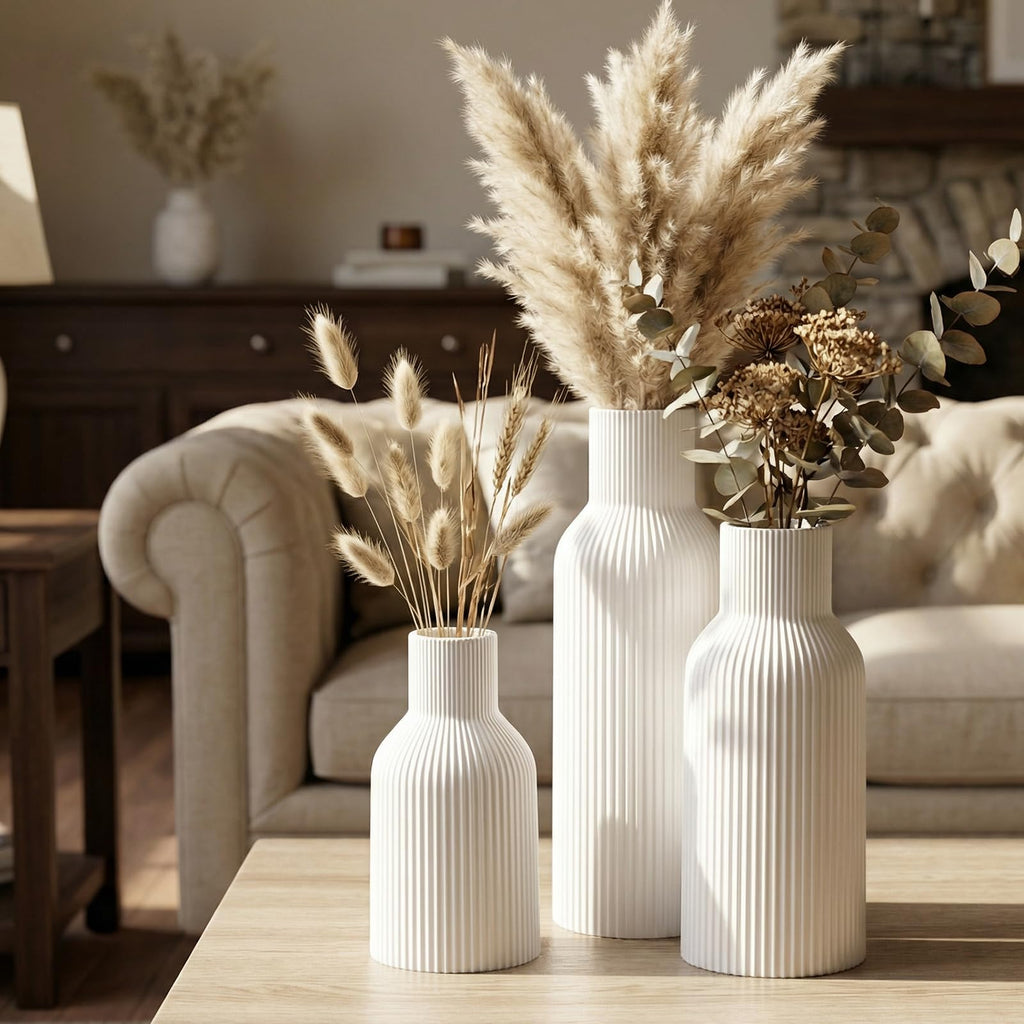 Ceramic Vases Set of 3 – Modern Matte Ribbed Vases for Pampas Grass & Dried Flowers | Boho, Farmhouse & Minimalist Home Decor
