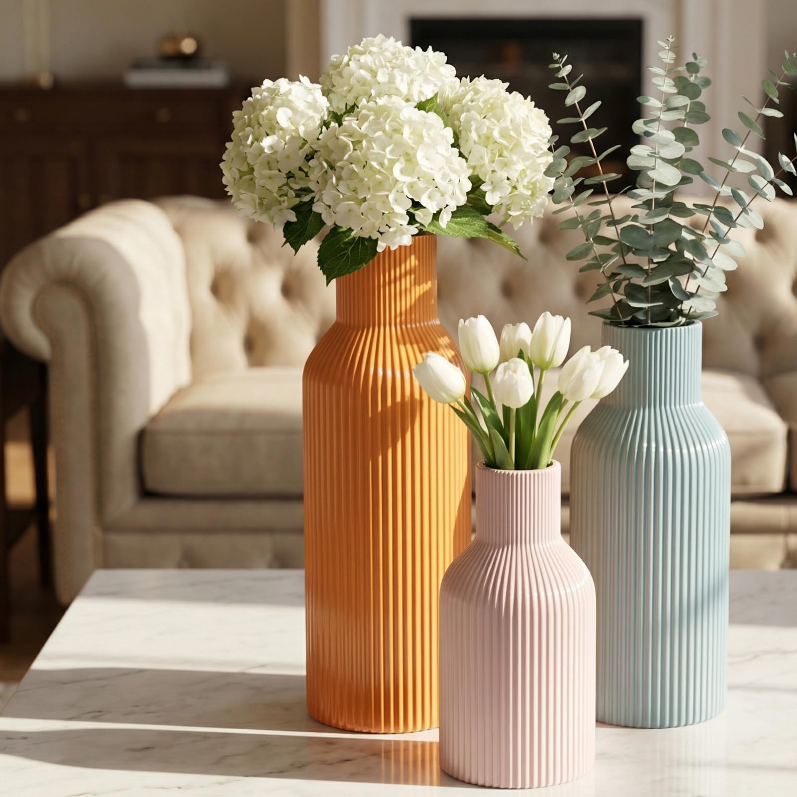 Ceramic Vases Set of 3 – Modern Matte Ribbed Vases for Pampas Grass & Dried Flowers | Boho, Farmhouse & Minimalist Home Decor
