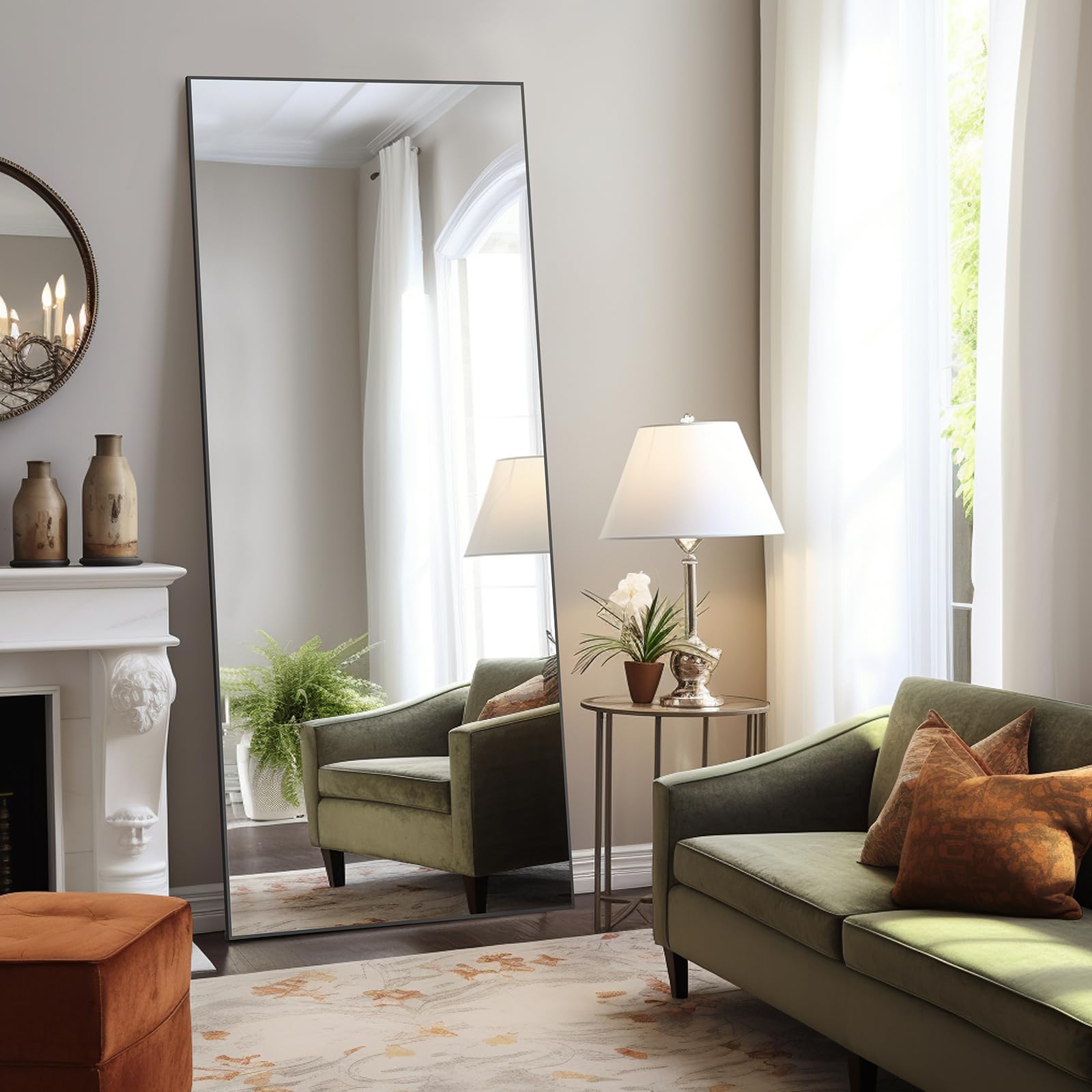 DUMOS Arched Full Length Mirror with Stand 64"x21" Floor Standing Aluminum Frame for Bedroom Body Hanging Leaning Modern Simple Home Decor Shatter-proorf Nano Glass Wall Living Room Cloakroom Black