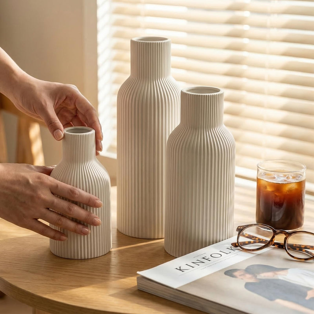 Ceramic Vases Set of 3 – Modern Matte Ribbed Vases for Pampas Grass & Dried Flowers | Boho, Farmhouse & Minimalist Home Decor