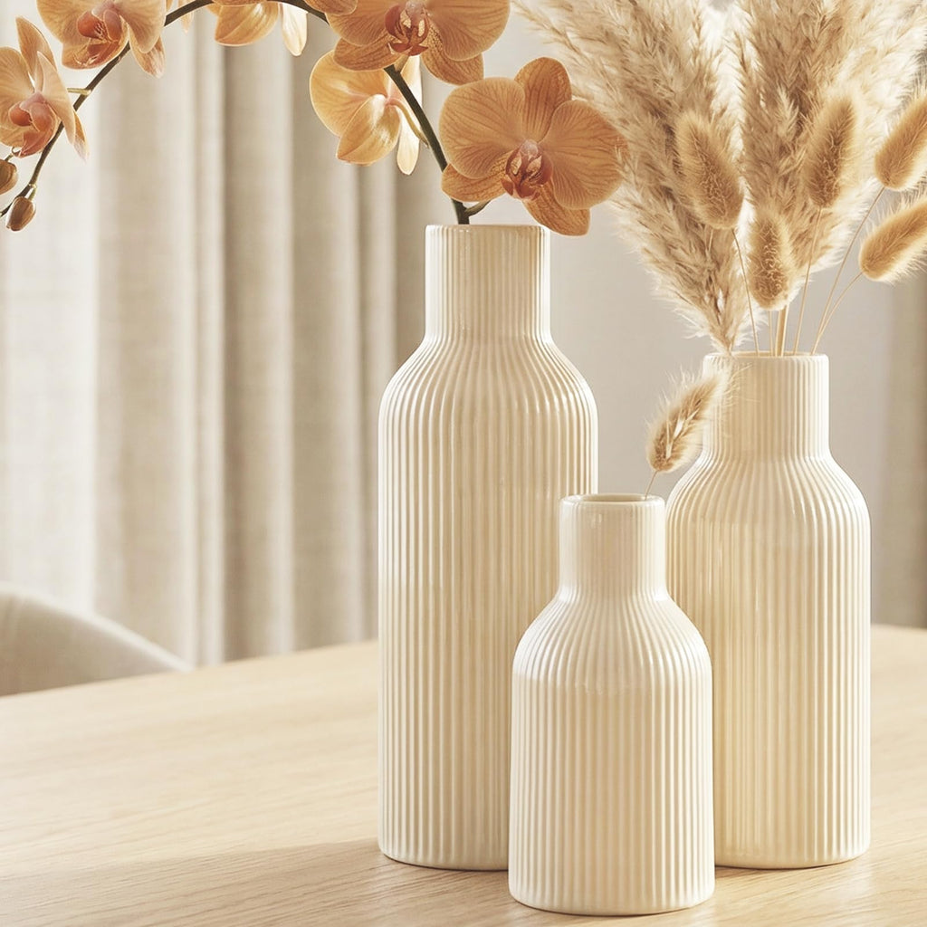 Ceramic Vases Set of 3 – Modern Matte Ribbed Vases for Pampas Grass & Dried Flowers | Boho, Farmhouse & Minimalist Home Decor