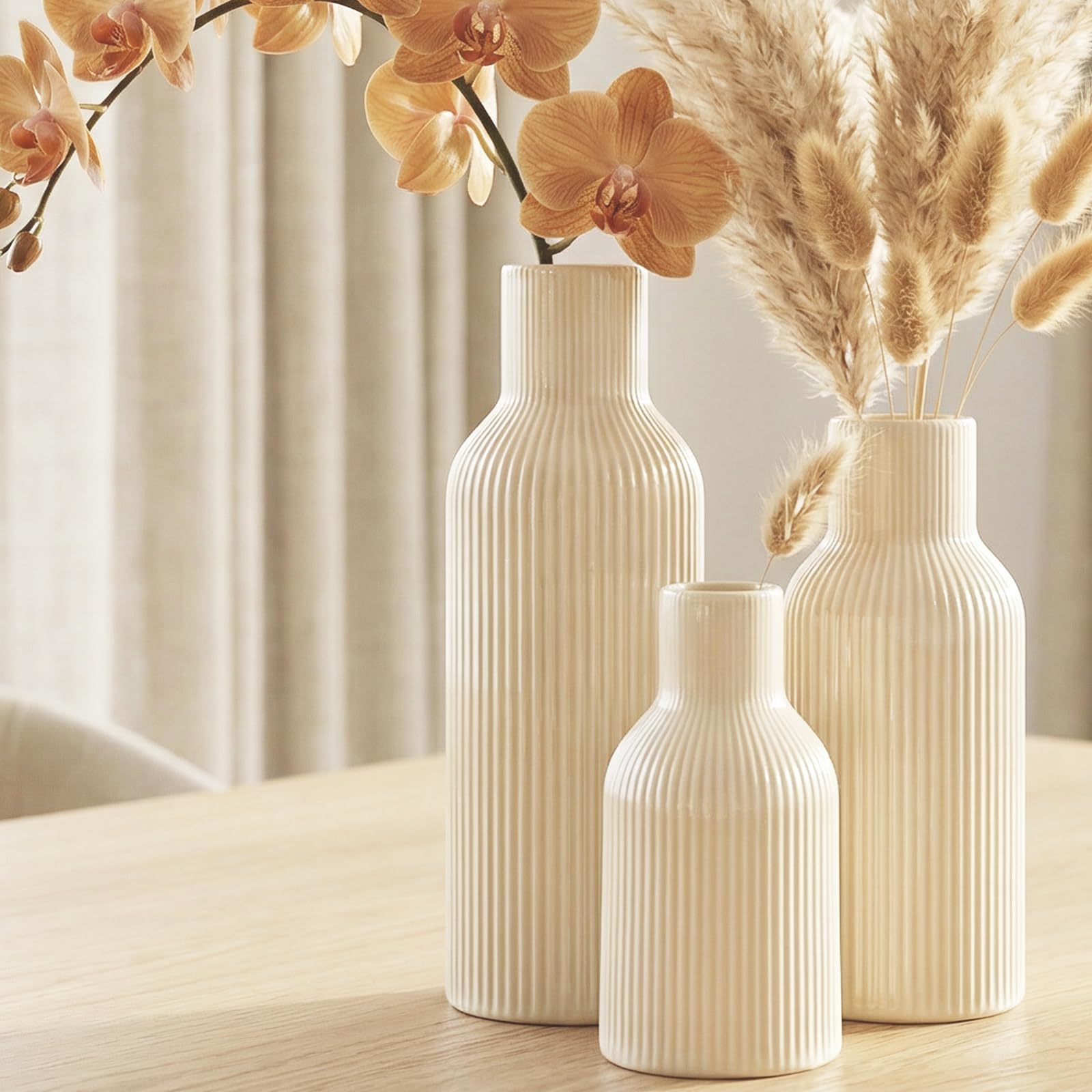 Ceramic Vases Set of 3 – Modern Matte Ribbed Vases for Pampas Grass & Dried Flowers | Boho, Farmhouse & Minimalist Home Decor