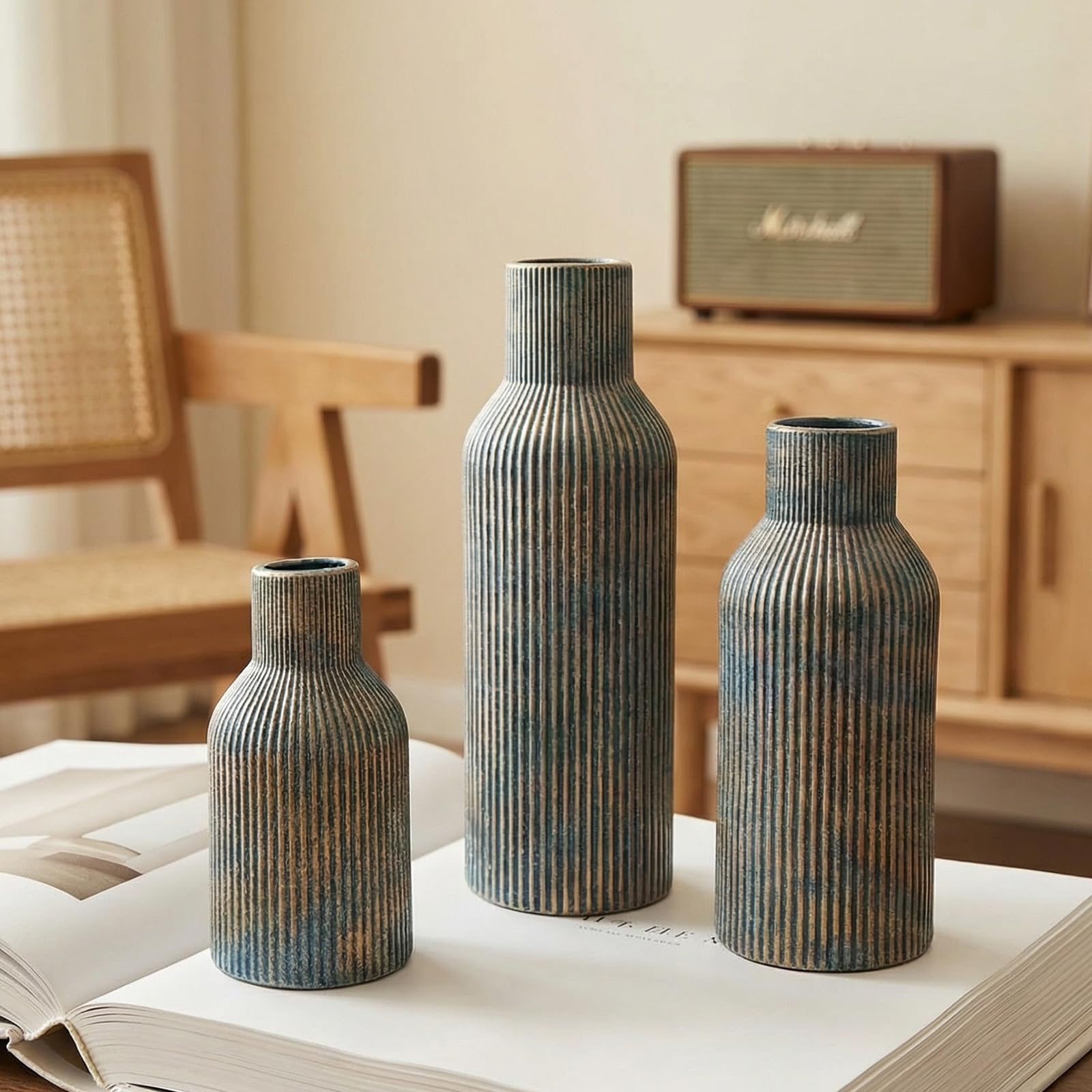 Ceramic Vases Set of 3 – Modern Matte Ribbed Vases for Pampas Grass & Dried Flowers | Boho, Farmhouse & Minimalist Home Decor