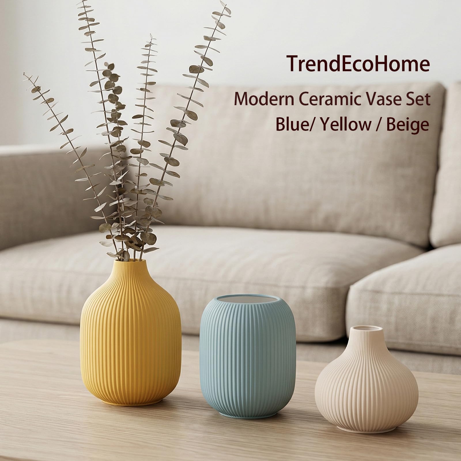 Ceramic Vases Set of 3 – Modern Matte Ribbed Vases for Pampas Grass & Dried Flowers | Boho, Farmhouse & Minimalist Home Decor