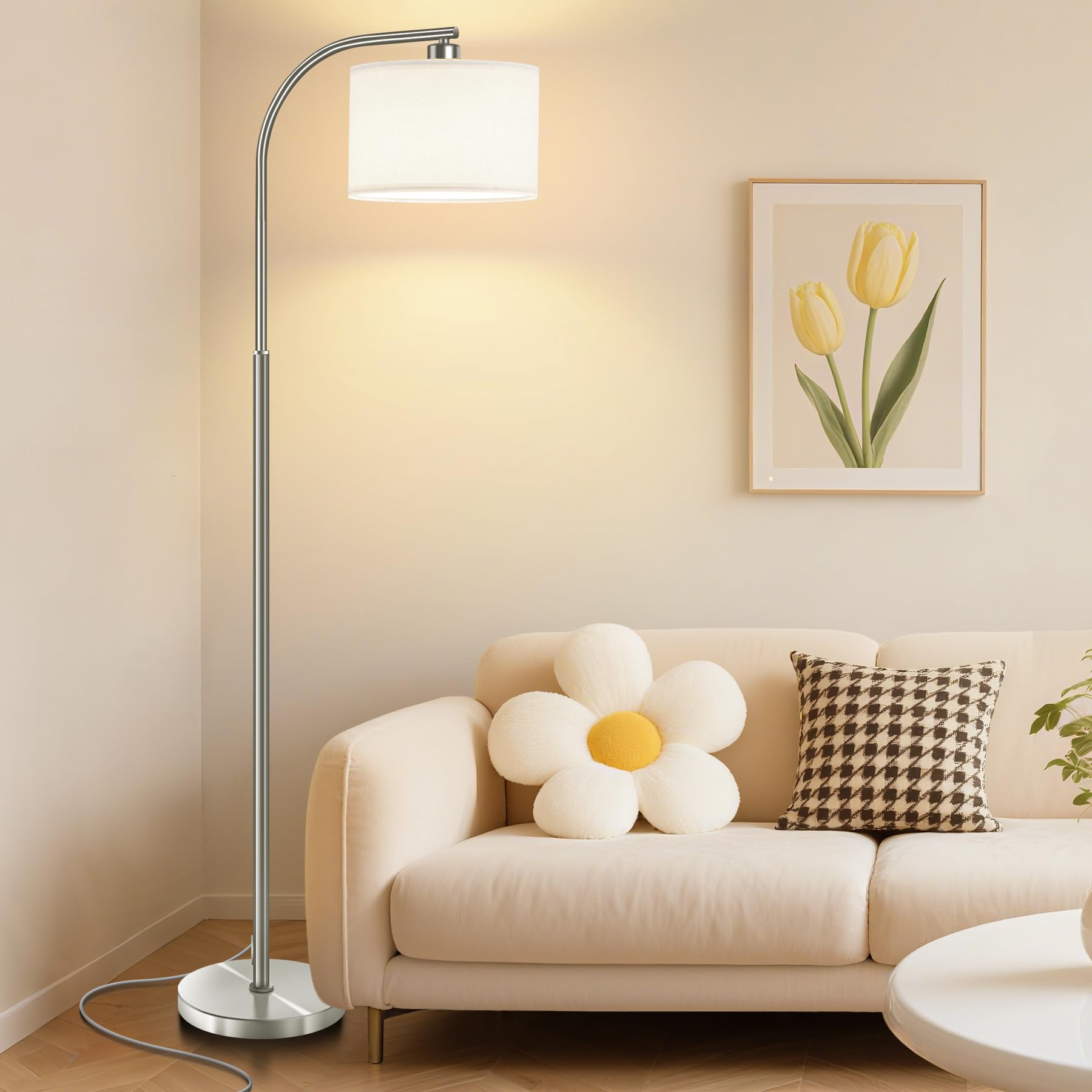 Tall Floor Lamp for Living Room,65'' Modern Standing Lamps with 9W LED Bulb,Elegant Floor Light with Fabric Shade,Gold Tall Lamp for Bedroom Office Study Room Corner Dining Room