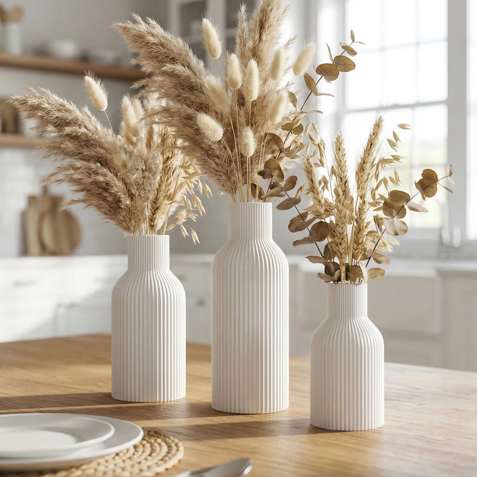 Ceramic Vases Set of 3 – Modern Matte Ribbed Vases for Pampas Grass & Dried Flowers | Boho, Farmhouse & Minimalist Home Decor
