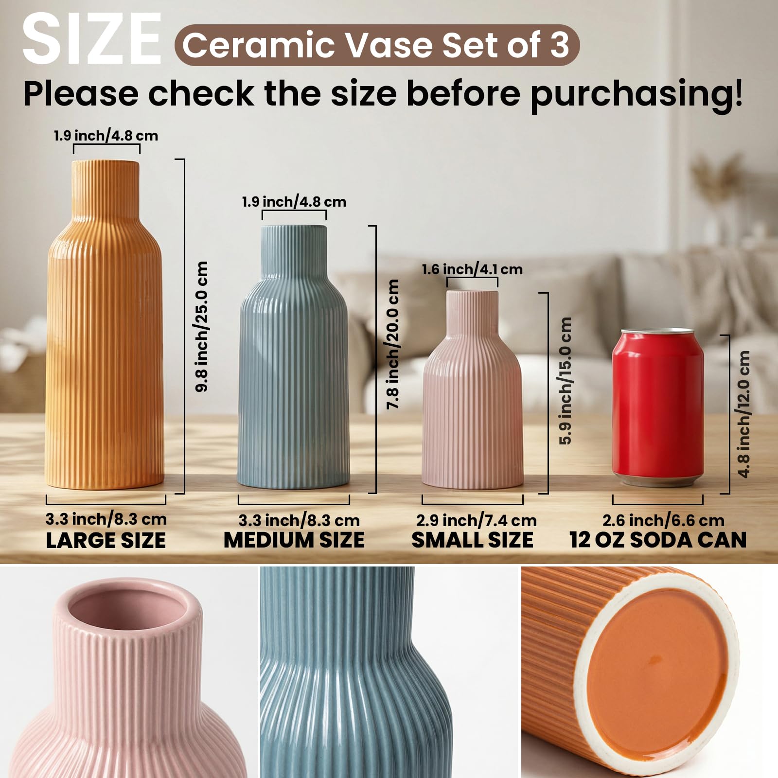 Ceramic Vases Set of 3 – Modern Matte Ribbed Vases for Pampas Grass & Dried Flowers | Boho, Farmhouse & Minimalist Home Decor
