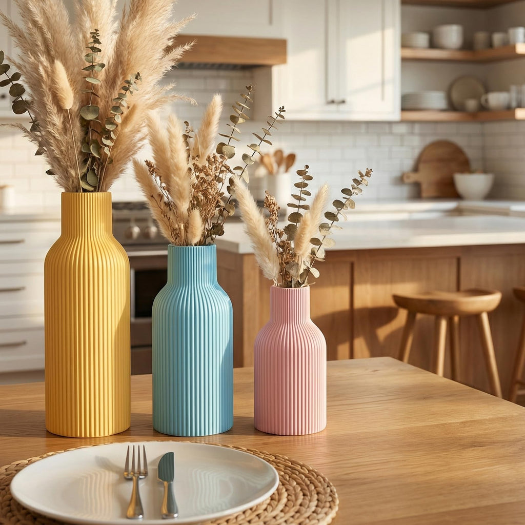 Ceramic Vases Set of 3 – Modern Matte Ribbed Vases for Pampas Grass & Dried Flowers | Boho, Farmhouse & Minimalist Home Decor