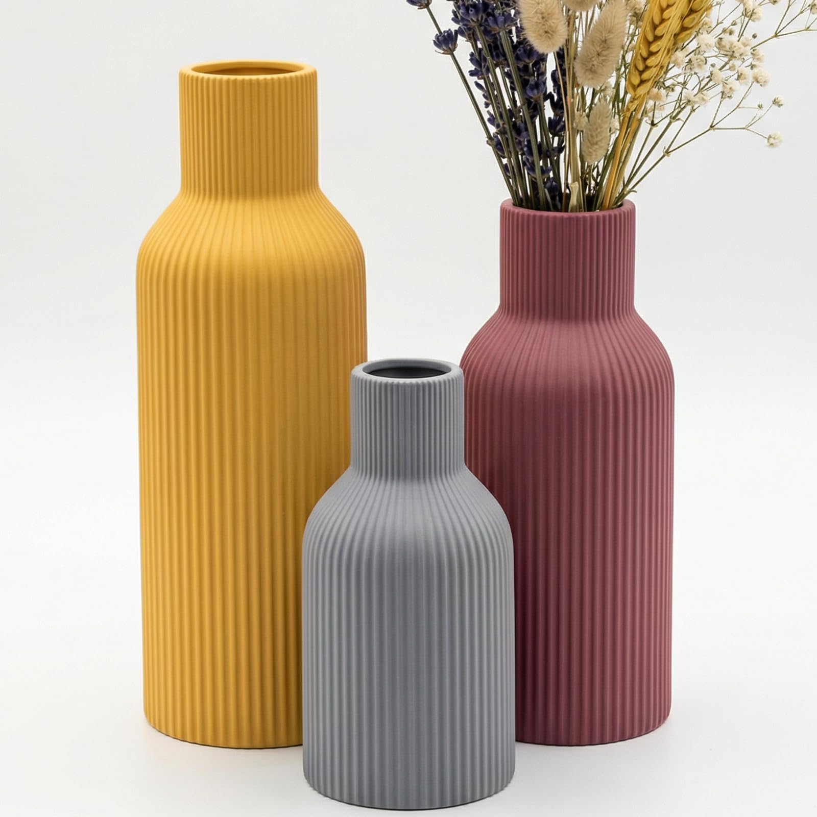 Ceramic Vases Set of 3 – Modern Matte Ribbed Vases for Pampas Grass & Dried Flowers | Boho, Farmhouse & Minimalist Home Decor