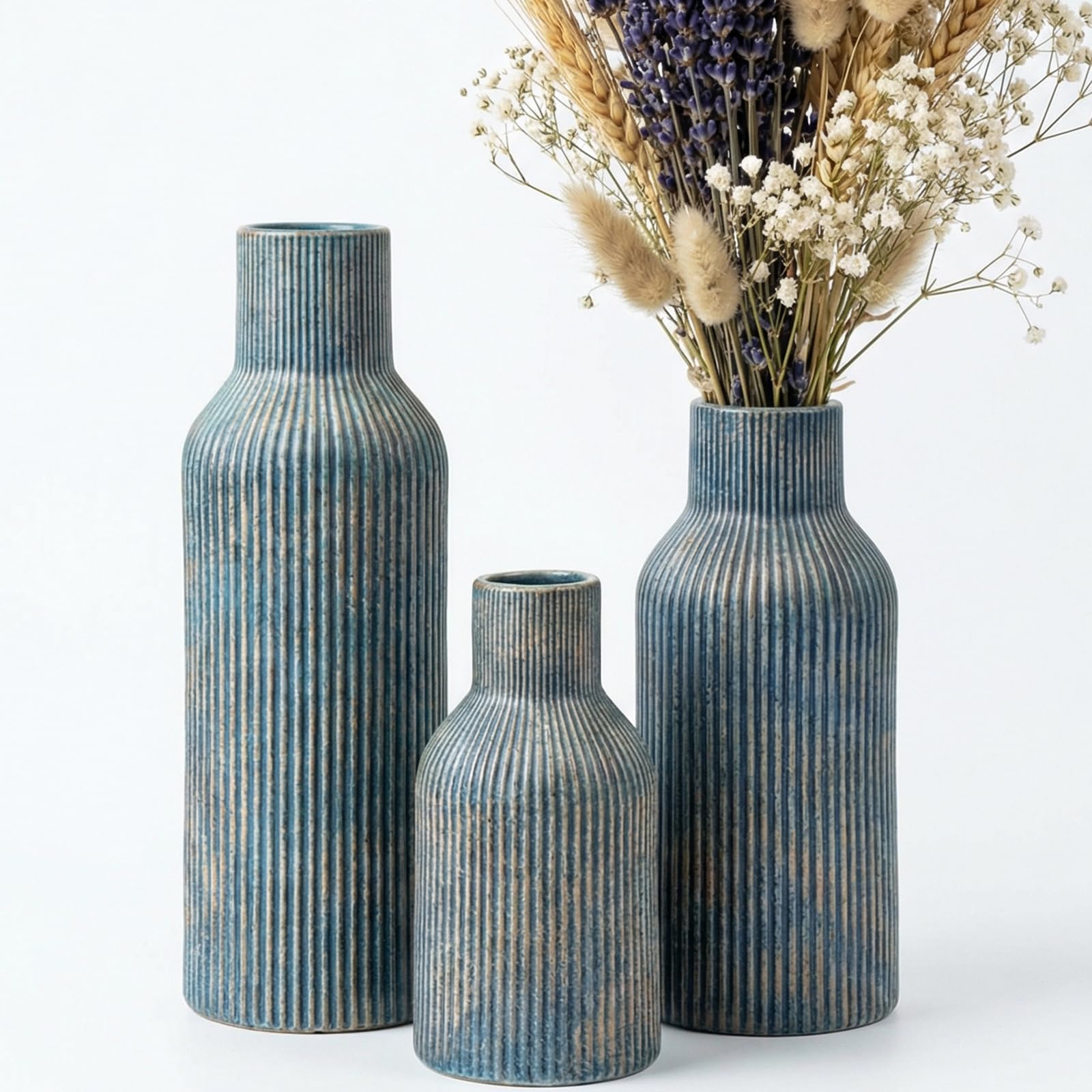 Ceramic Vases Set of 3 – Modern Matte Ribbed Vases for Pampas Grass & Dried Flowers | Boho, Farmhouse & Minimalist Home Decor