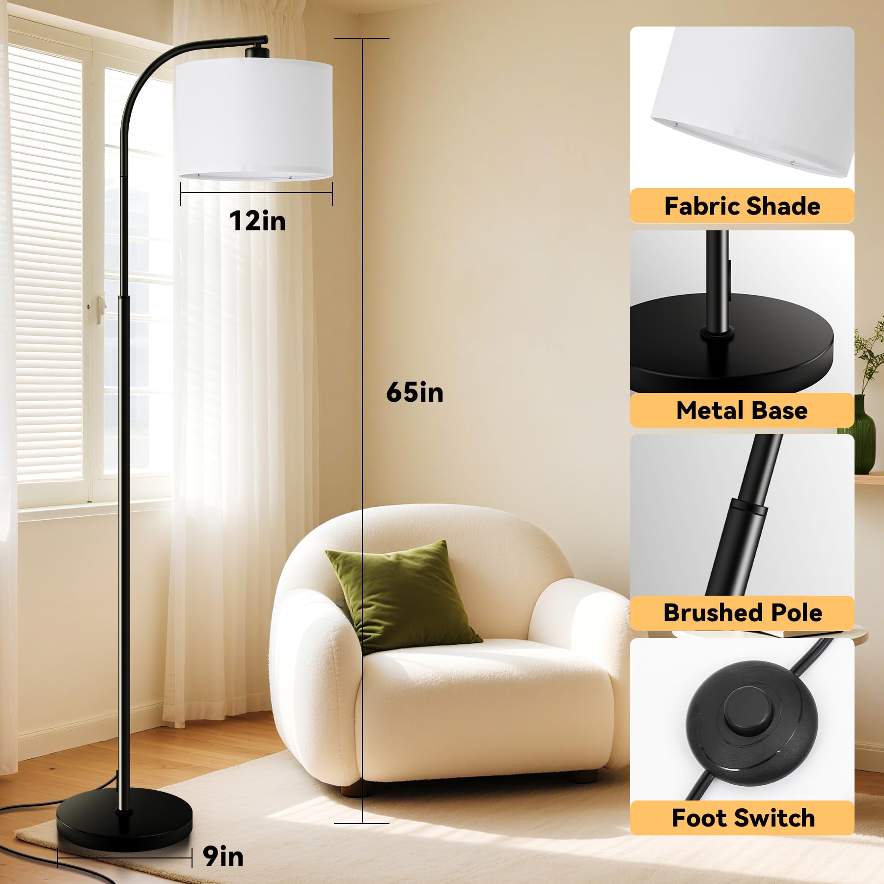 Tall Floor Lamp for Living Room,65'' Modern Standing Lamps with 9W LED Bulb,Elegant Floor Light with Fabric Shade,Gold Tall Lamp for Bedroom Office Study Room Corner Dining Room