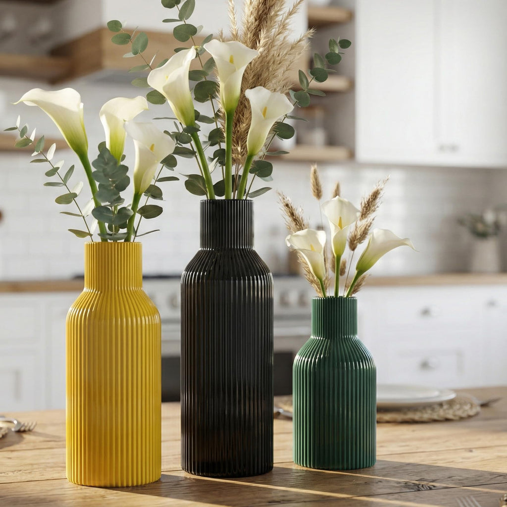 Ceramic Vases Set of 3 – Modern Matte Ribbed Vases for Pampas Grass & Dried Flowers | Boho, Farmhouse & Minimalist Home Decor