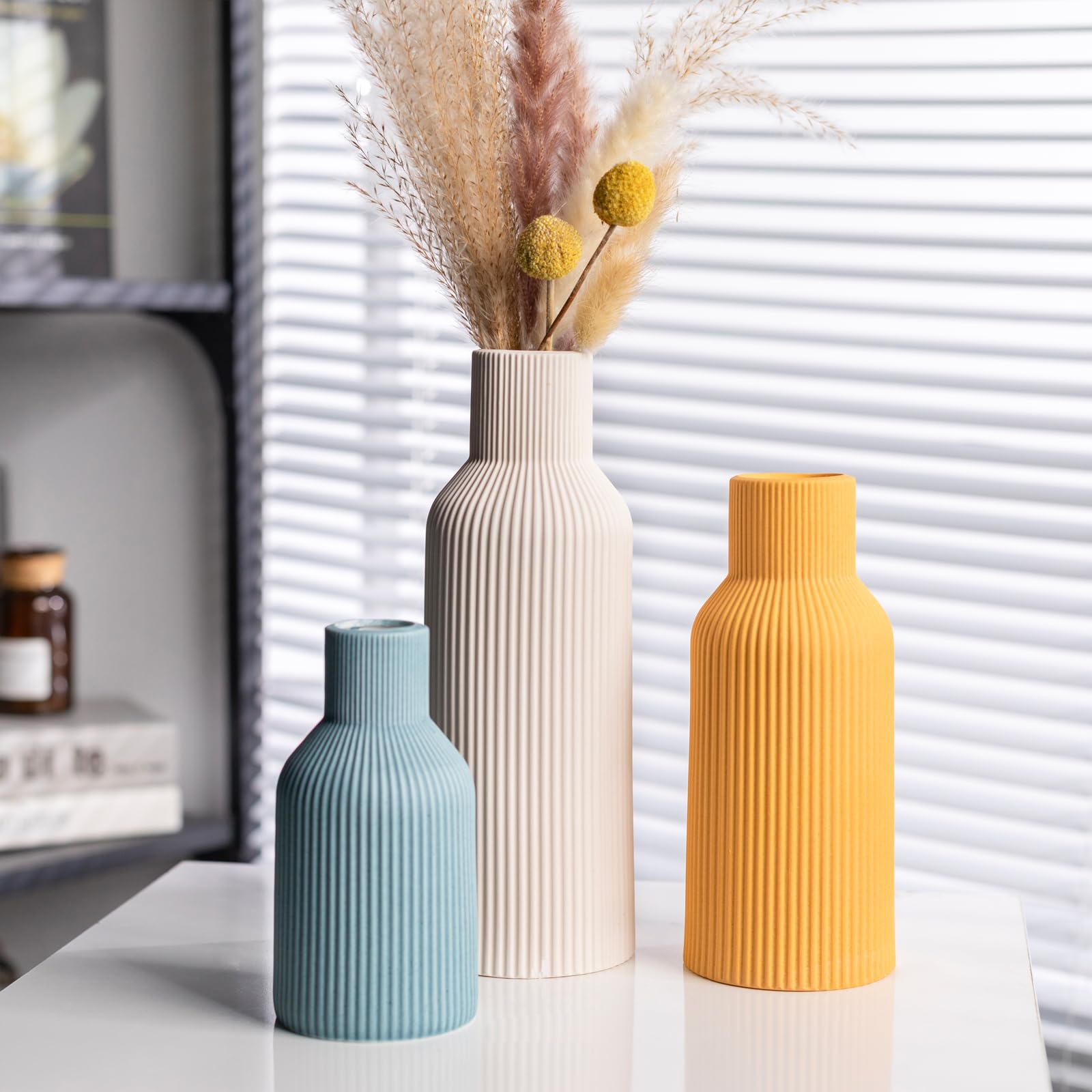 Ceramic Vases Set of 3 – Modern Matte Ribbed Vases for Pampas Grass & Dried Flowers | Boho, Farmhouse & Minimalist Home Decor
