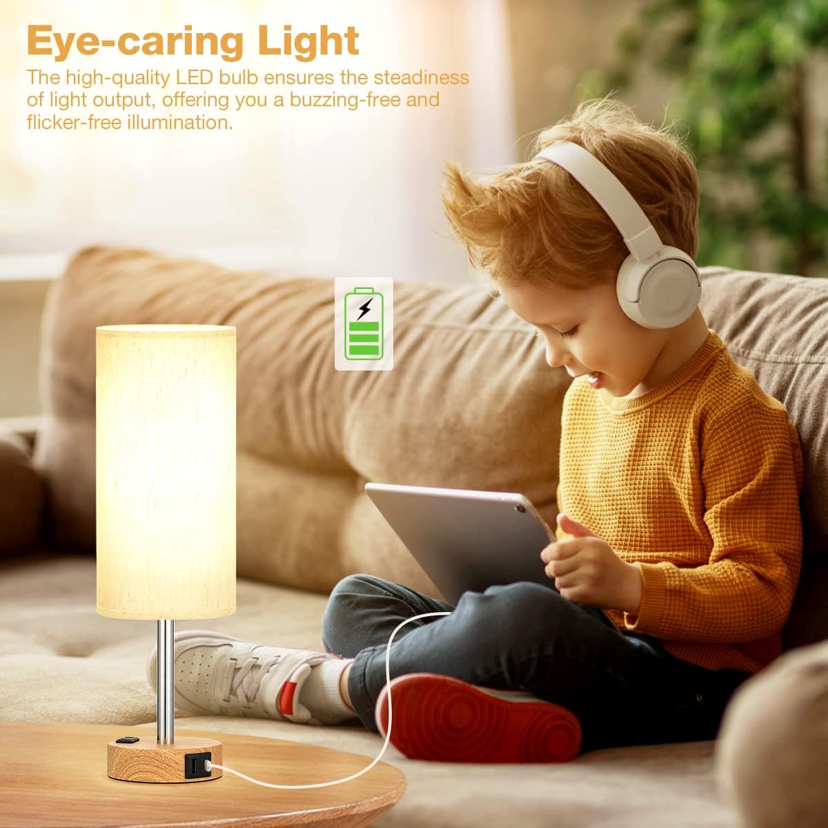Bedside Table Lamp – 3-Way Dimmable Touch Lamp with USB-C Charging Port & AC Outlet | Wood Base, Fabric Shade, LED Bulb Included