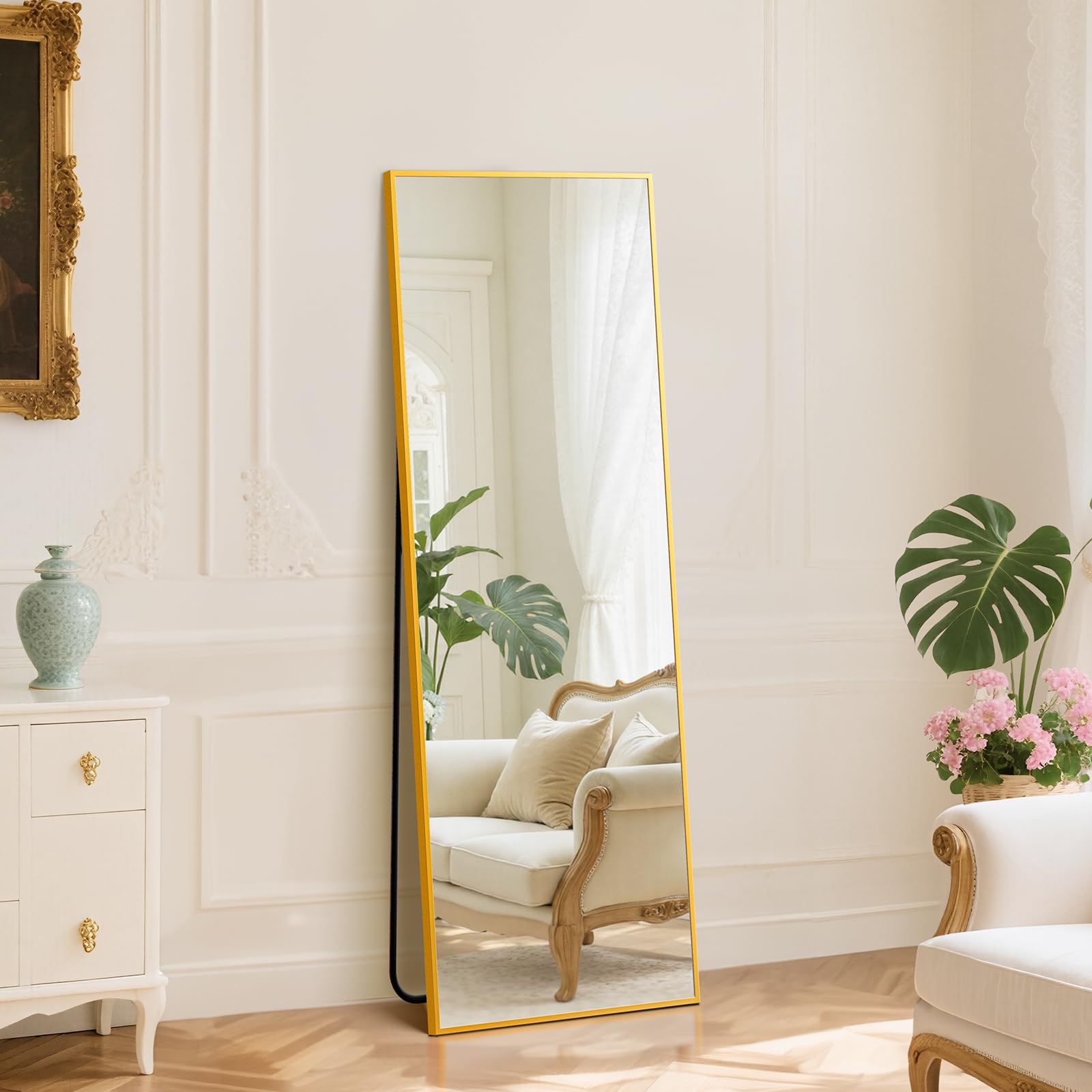 DUMOS Arched Full Length Mirror with Stand 64"x21" Floor Standing Aluminum Frame for Bedroom Body Hanging Leaning Modern Simple Home Decor Shatter-proorf Nano Glass Wall Living Room Cloakroom Black