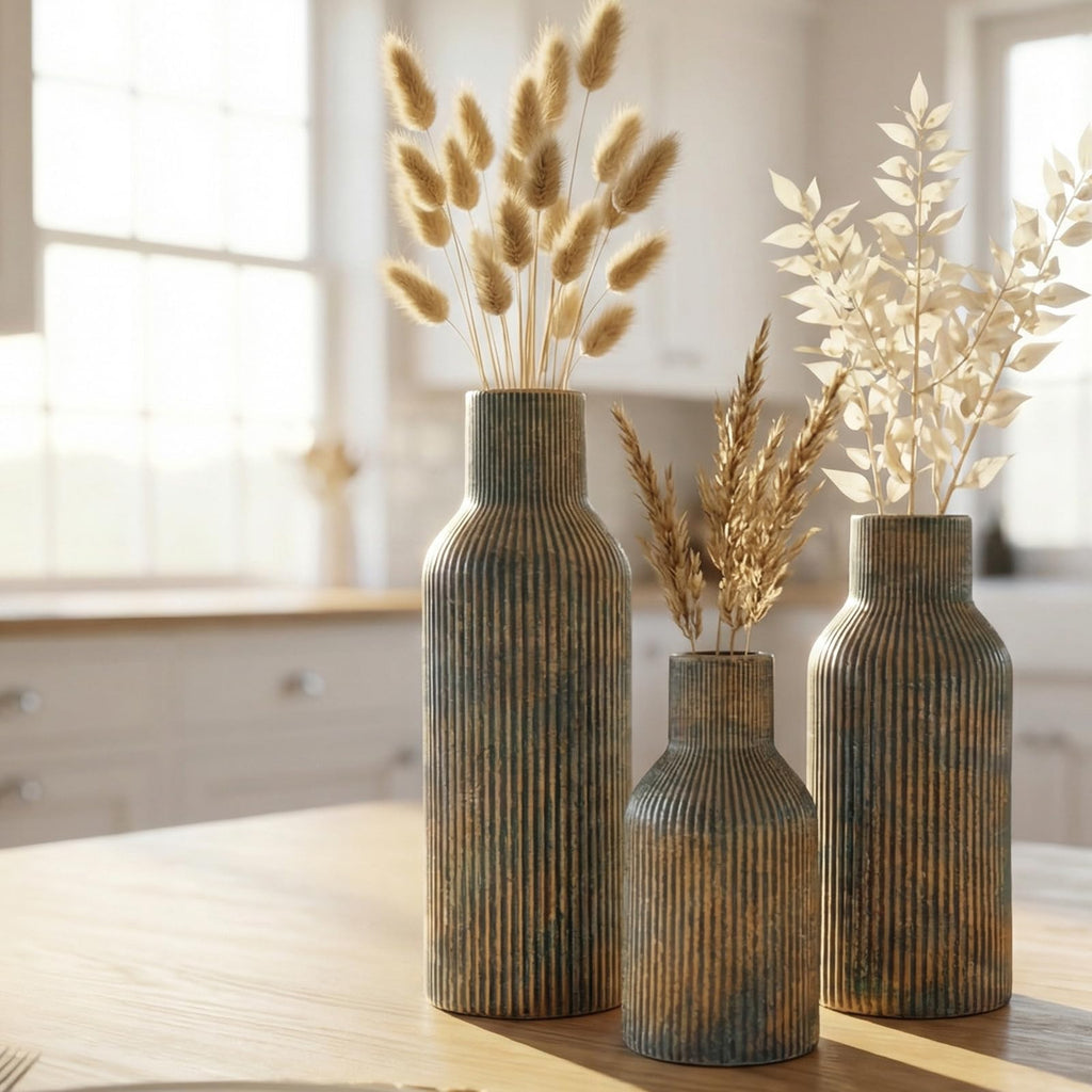 Ceramic Vases Set of 3 – Modern Matte Ribbed Vases for Pampas Grass & Dried Flowers | Boho, Farmhouse & Minimalist Home Decor