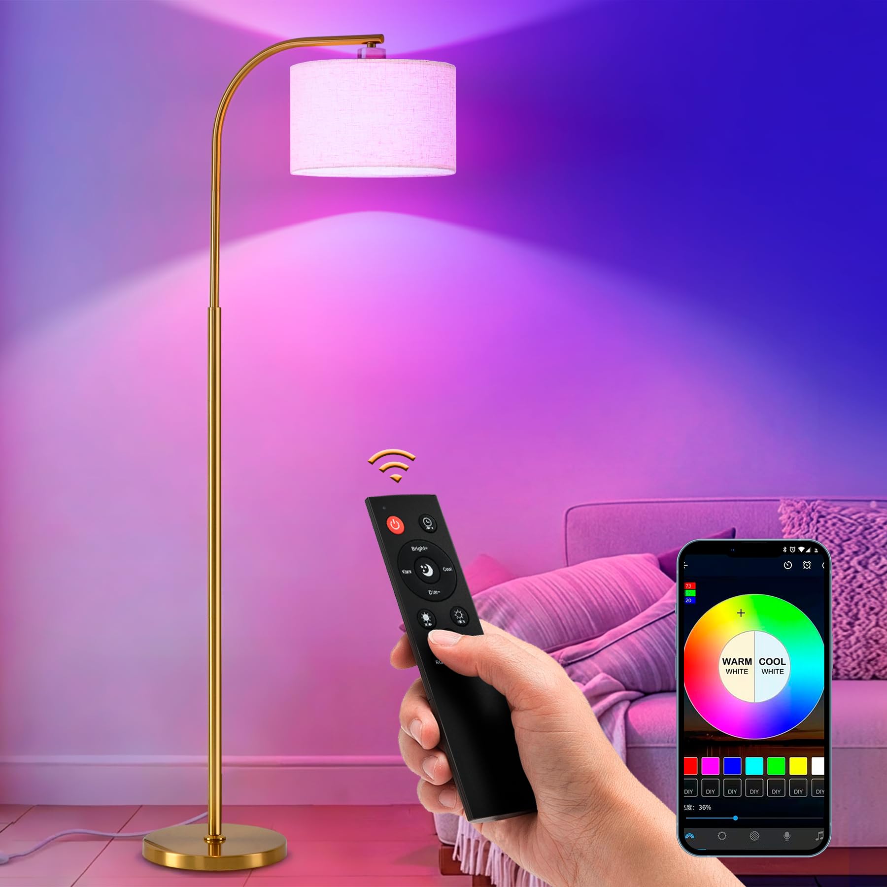 Tall Floor Lamp for Living Room,65'' Modern Standing Lamps with 9W LED Bulb,Elegant Floor Light with Fabric Shade,Gold Tall Lamp for Bedroom Office Study Room Corner Dining Room