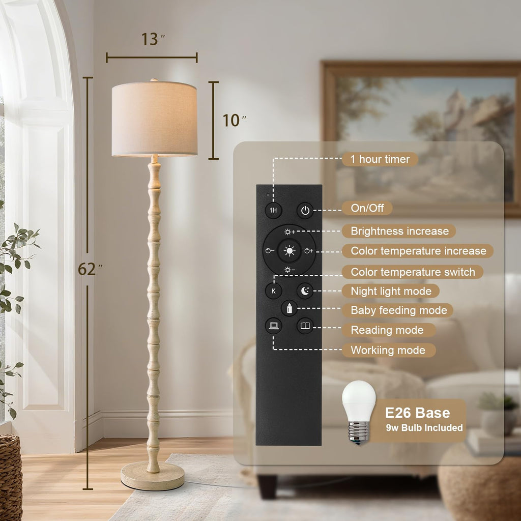BOBOMOMO 62" Rustic Floor Lamp for Living Room, Retro Farmhouse Floor Lamp Rotary Switch, Resin Standing Lamp for Living Room, Corner, Dining Room, Bedroom, House