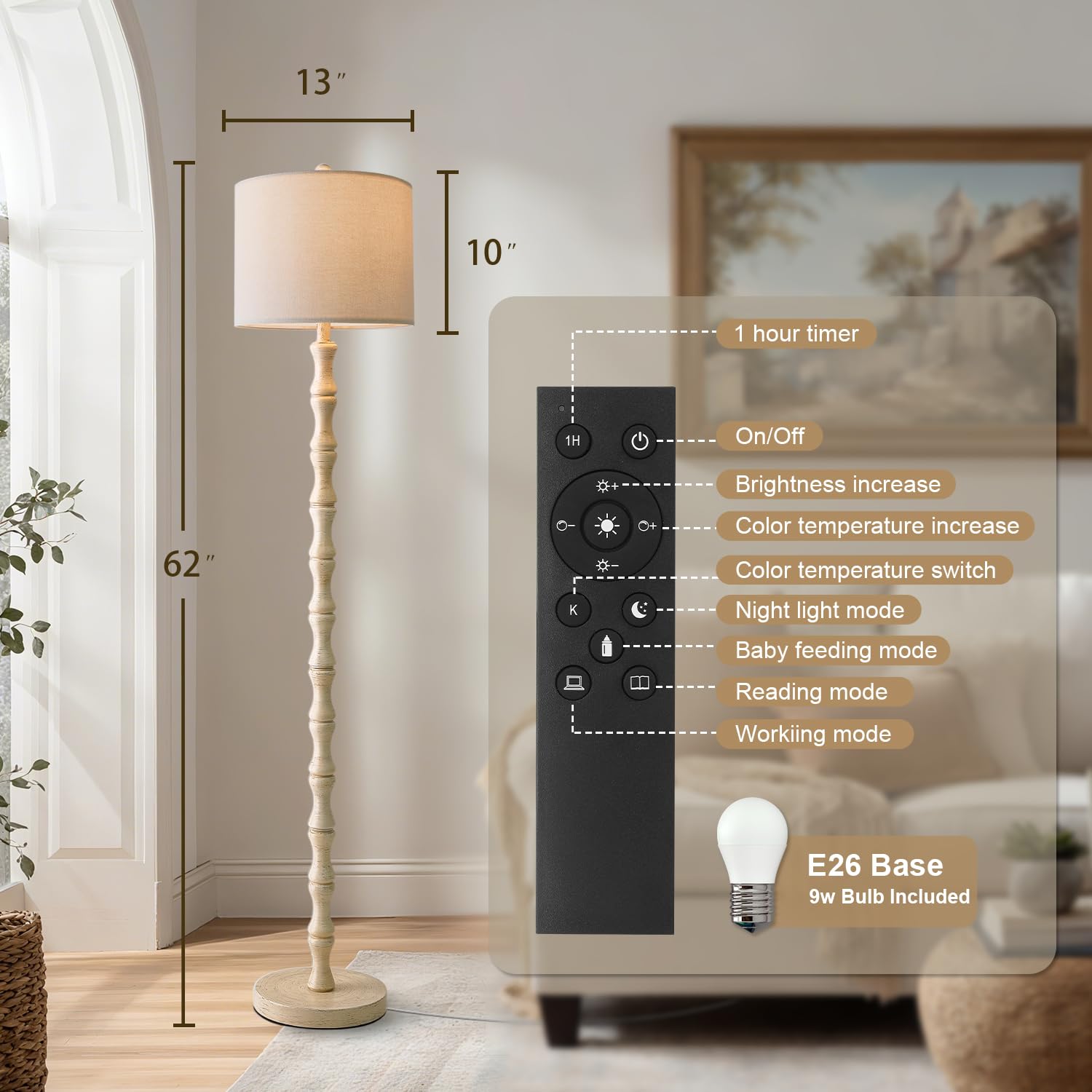 BOBOMOMO 62" Rustic Floor Lamp for Living Room, Retro Farmhouse Floor Lamp Rotary Switch, Resin Standing Lamp for Living Room, Corner, Dining Room, Bedroom, House