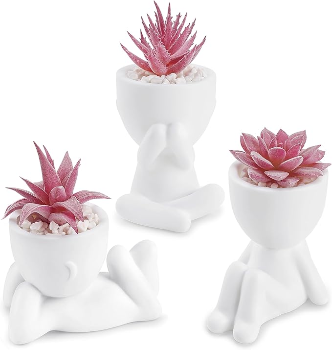 Fake Mini Succulent Plants – Set of 3 Artificial Succulents in Unique Human-Shaped Pots | No Maintenance Indoor Decor
