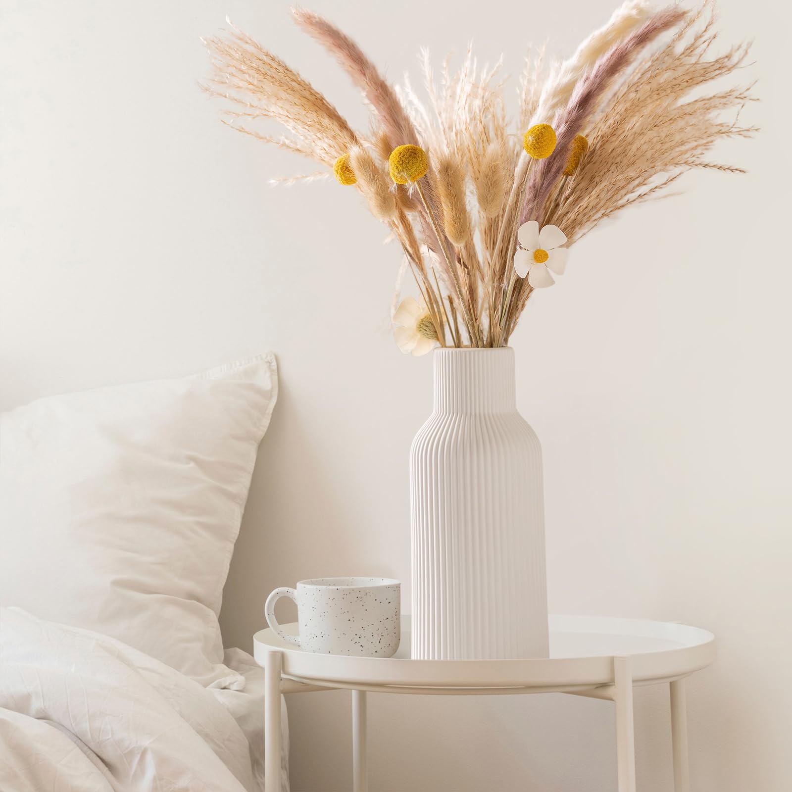 Ceramic Vases Set of 3 – Modern Matte Ribbed Vases for Pampas Grass & Dried Flowers | Boho, Farmhouse & Minimalist Home Decor