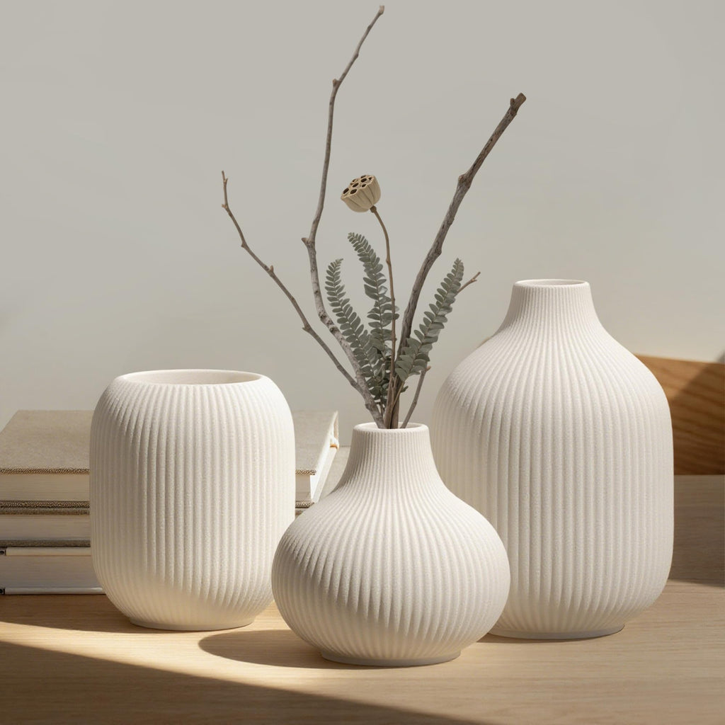 Ceramic Vases Set of 3 – Modern Matte Ribbed Vases for Pampas Grass & Dried Flowers | Boho, Farmhouse & Minimalist Home Decor
