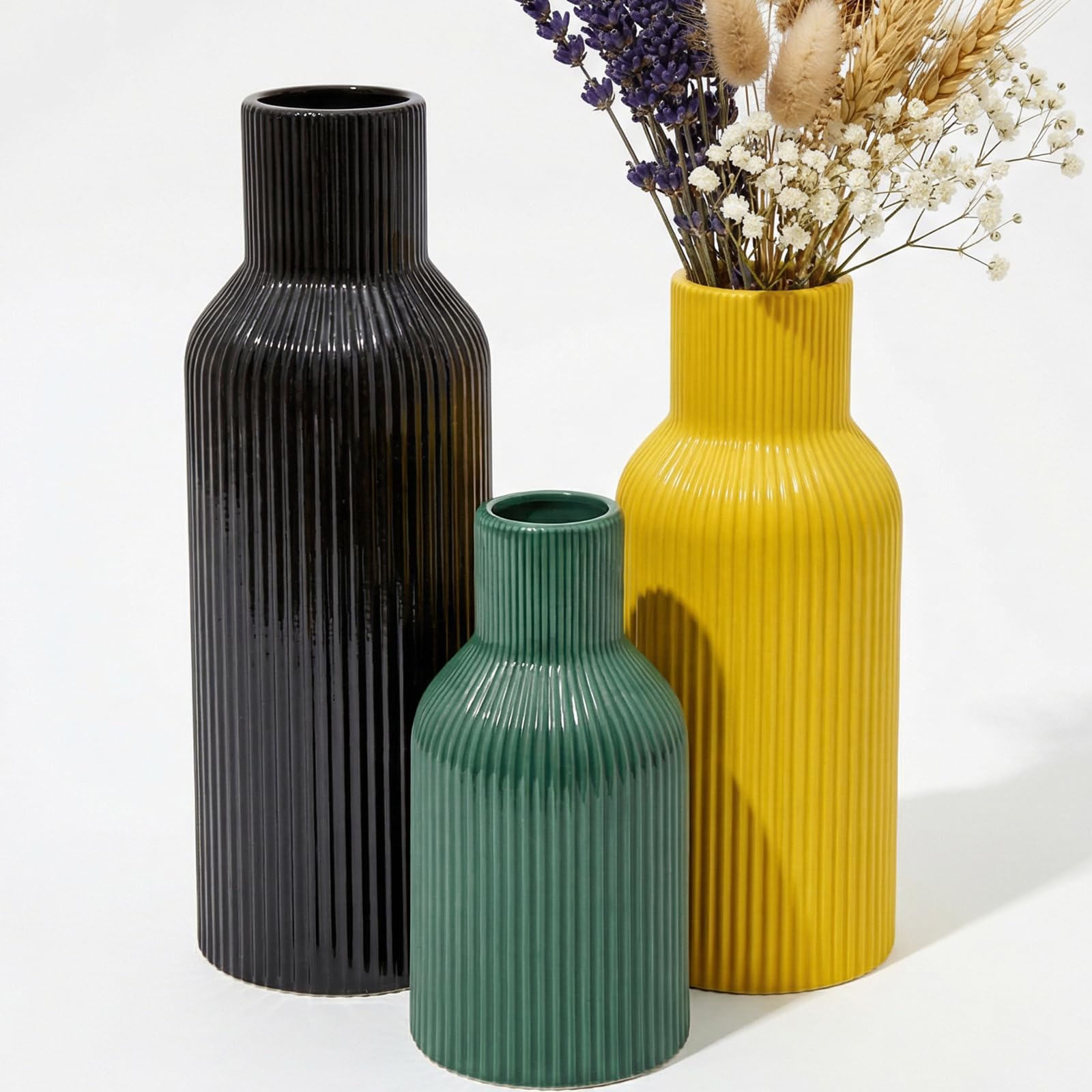 Ceramic Vases Set of 3 – Modern Matte Ribbed Vases for Pampas Grass & Dried Flowers | Boho, Farmhouse & Minimalist Home Decor