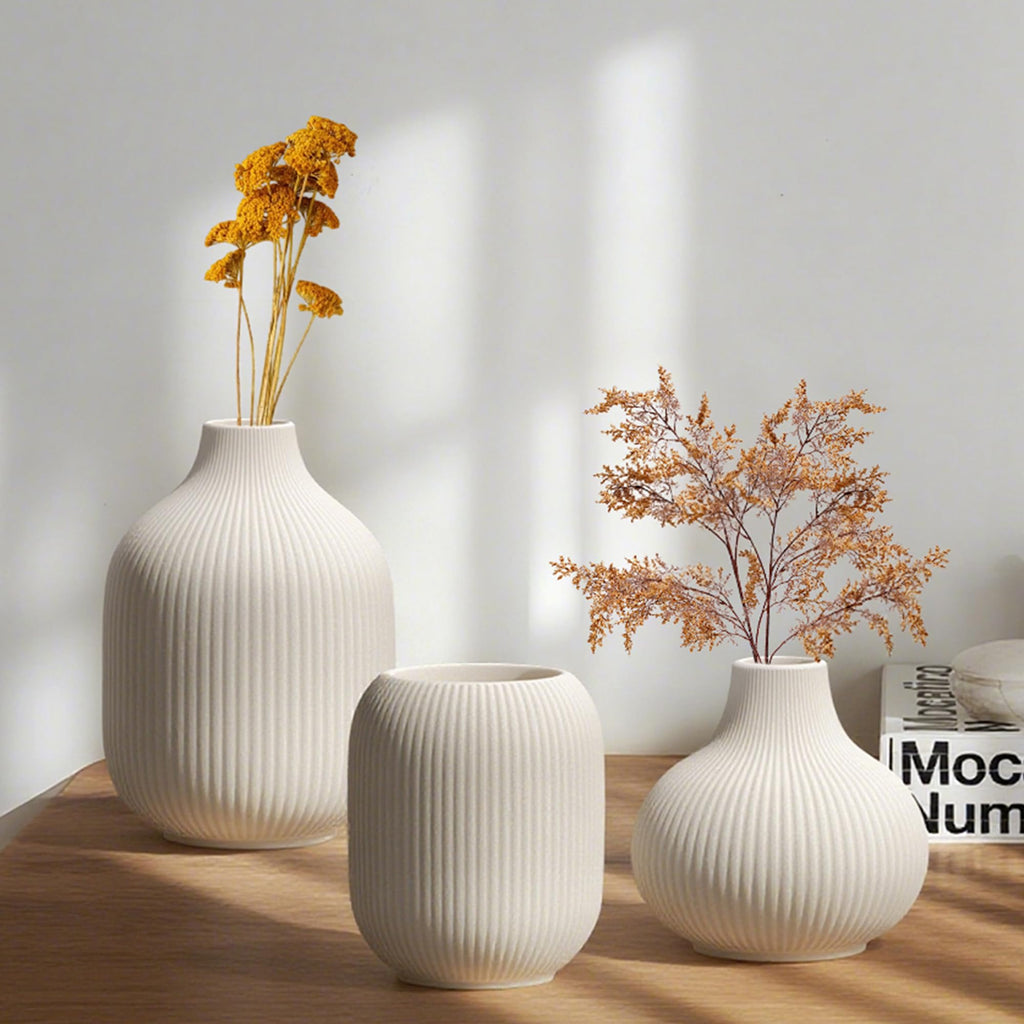 Ceramic Vases Set of 3 – Modern Matte Ribbed Vases for Pampas Grass & Dried Flowers | Boho, Farmhouse & Minimalist Home Decor