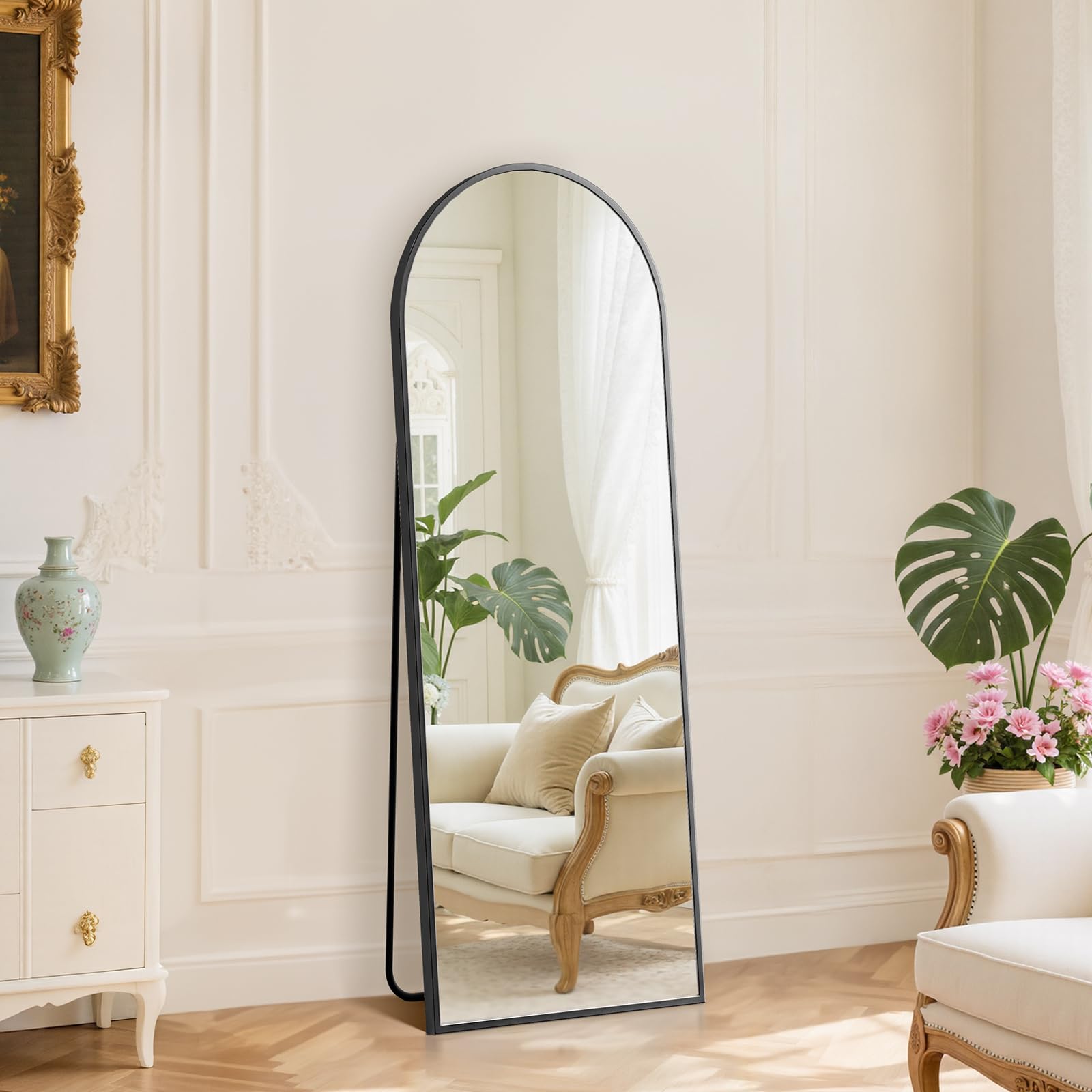 DUMOS Arched Full Length Mirror with Stand 64"x21" Floor Standing Aluminum Frame for Bedroom Body Hanging Leaning Modern Simple Home Decor Shatter-proorf Nano Glass Wall Living Room Cloakroom Black
