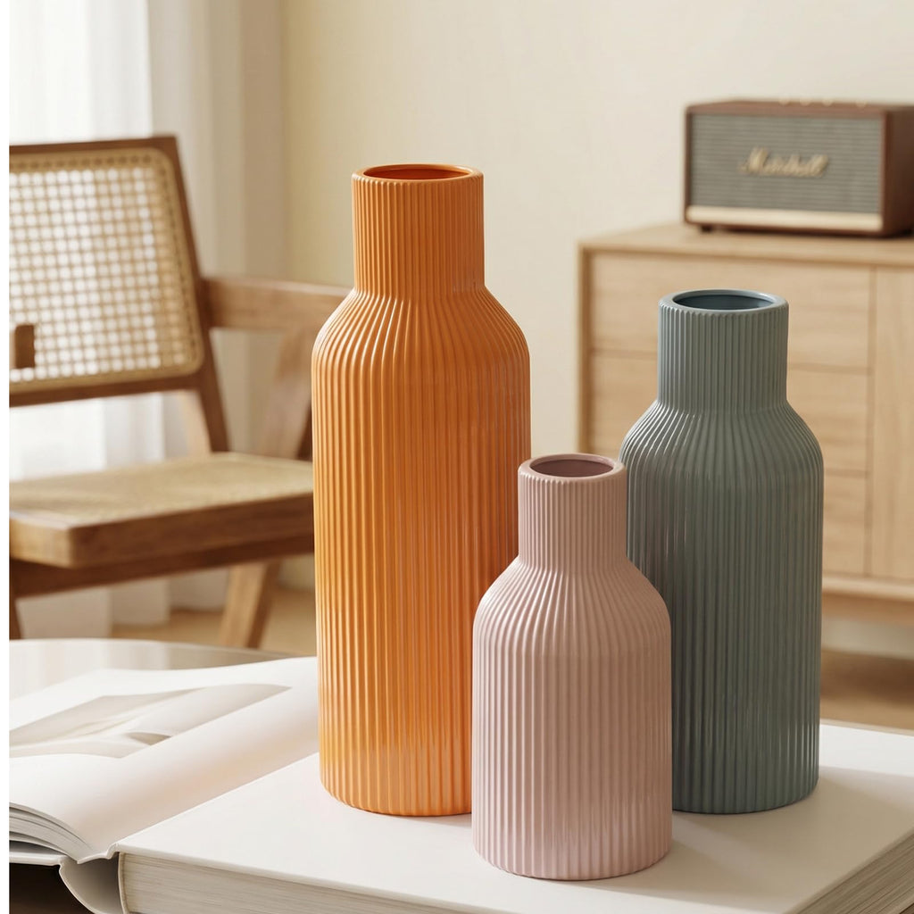 Ceramic Vases Set of 3 – Modern Matte Ribbed Vases for Pampas Grass & Dried Flowers | Boho, Farmhouse & Minimalist Home Decor