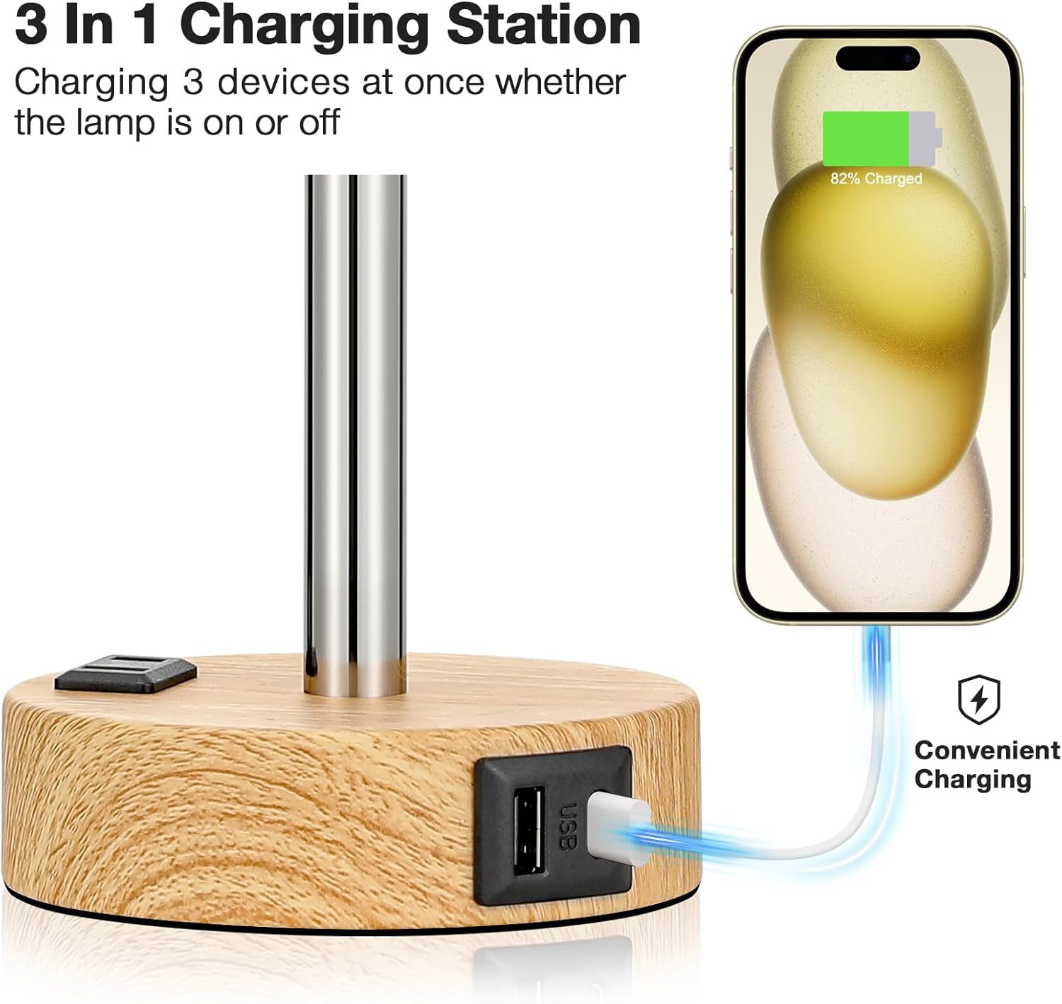 Bedside Table Lamp – 3-Way Dimmable Touch Lamp with USB-C Charging Port & AC Outlet | Wood Base, Fabric Shade, LED Bulb Included