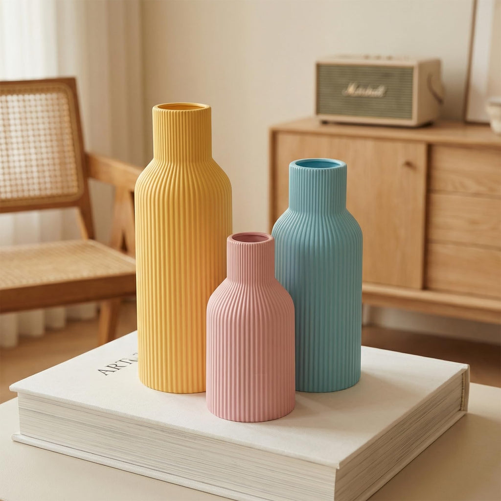 Ceramic Vases Set of 3 – Modern Matte Ribbed Vases for Pampas Grass & Dried Flowers | Boho, Farmhouse & Minimalist Home Decor