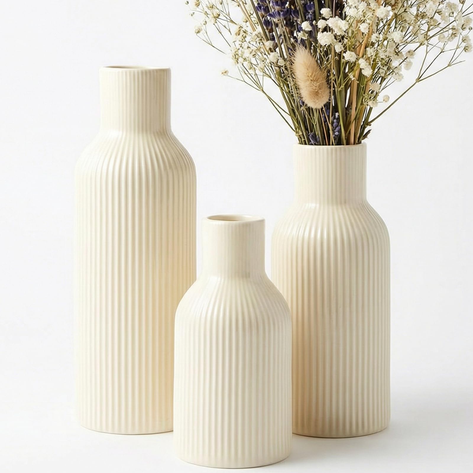 Ceramic Vases Set of 3 – Modern Matte Ribbed Vases for Pampas Grass & Dried Flowers | Boho, Farmhouse & Minimalist Home Decor