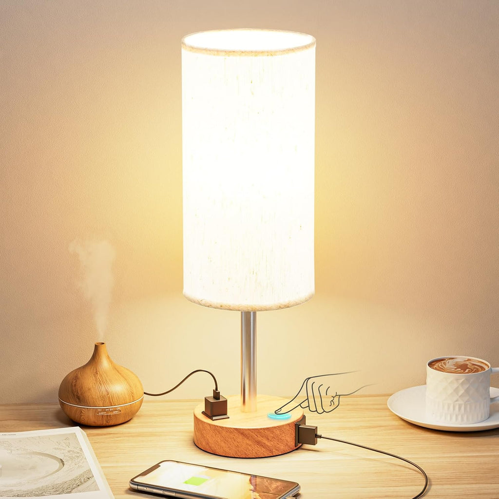 Bedside Table Lamp – 3-Way Dimmable Touch Lamp with USB-C Charging Port & AC Outlet | Wood Base, Fabric Shade, LED Bulb Included