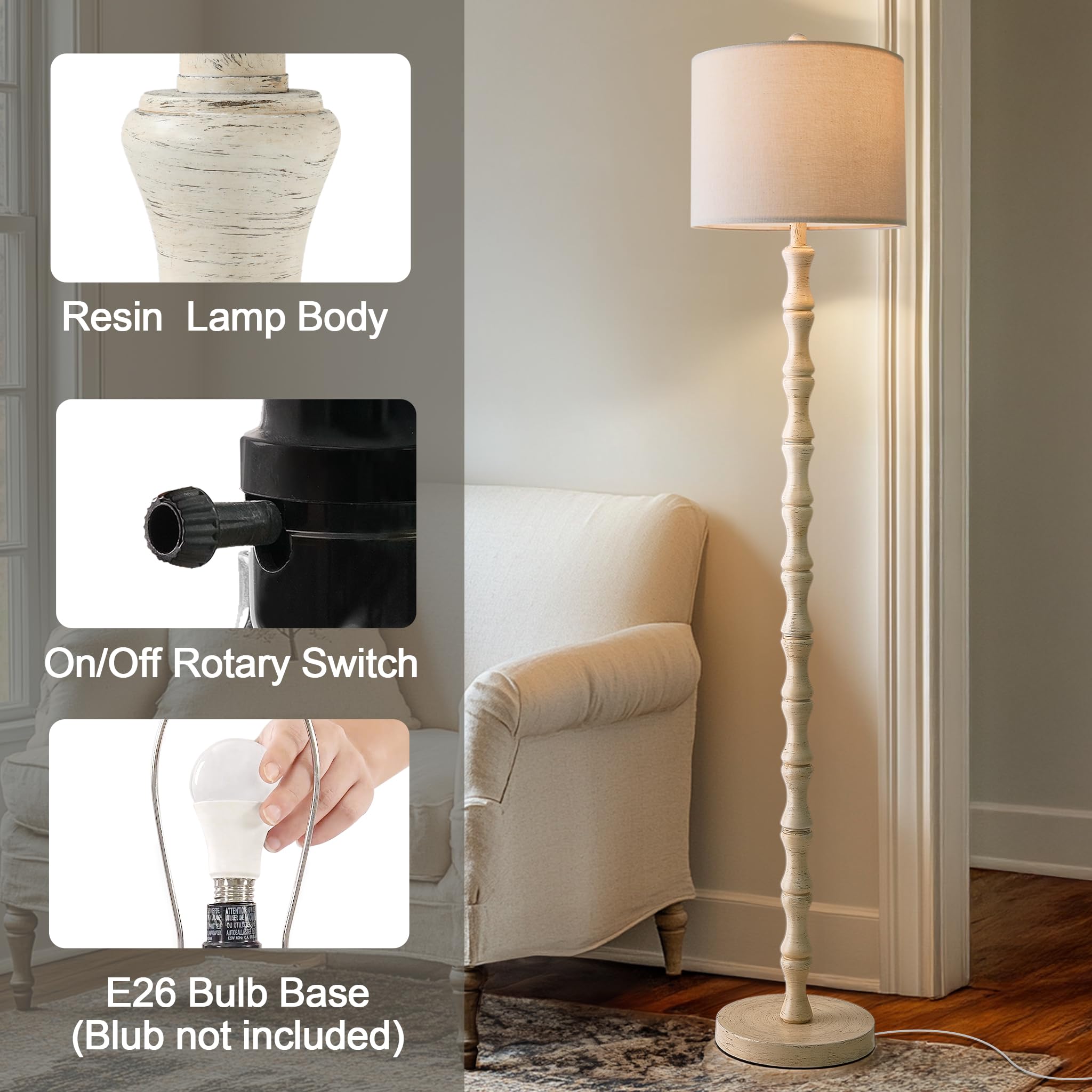BOBOMOMO 62" Rustic Floor Lamp for Living Room, Retro Farmhouse Floor Lamp Rotary Switch, Resin Standing Lamp for Living Room, Corner, Dining Room, Bedroom, House