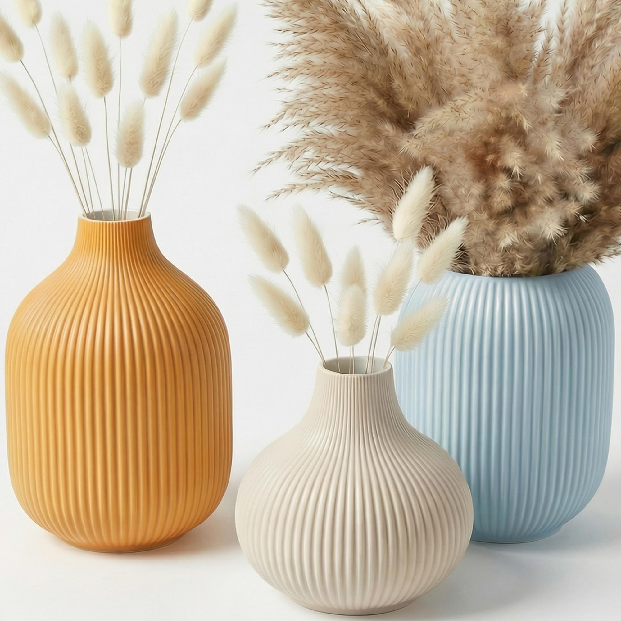 Ceramic Vases Set of 3 – Modern Matte Ribbed Vases for Pampas Grass & Dried Flowers | Boho, Farmhouse & Minimalist Home Decor