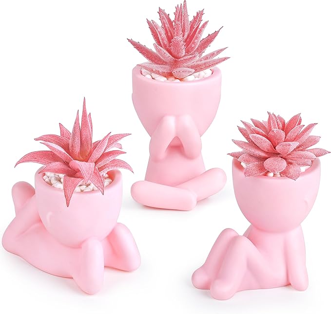 Fake Mini Succulent Plants – Set of 3 Artificial Succulents in Unique Human-Shaped Pots | No Maintenance Indoor Decor