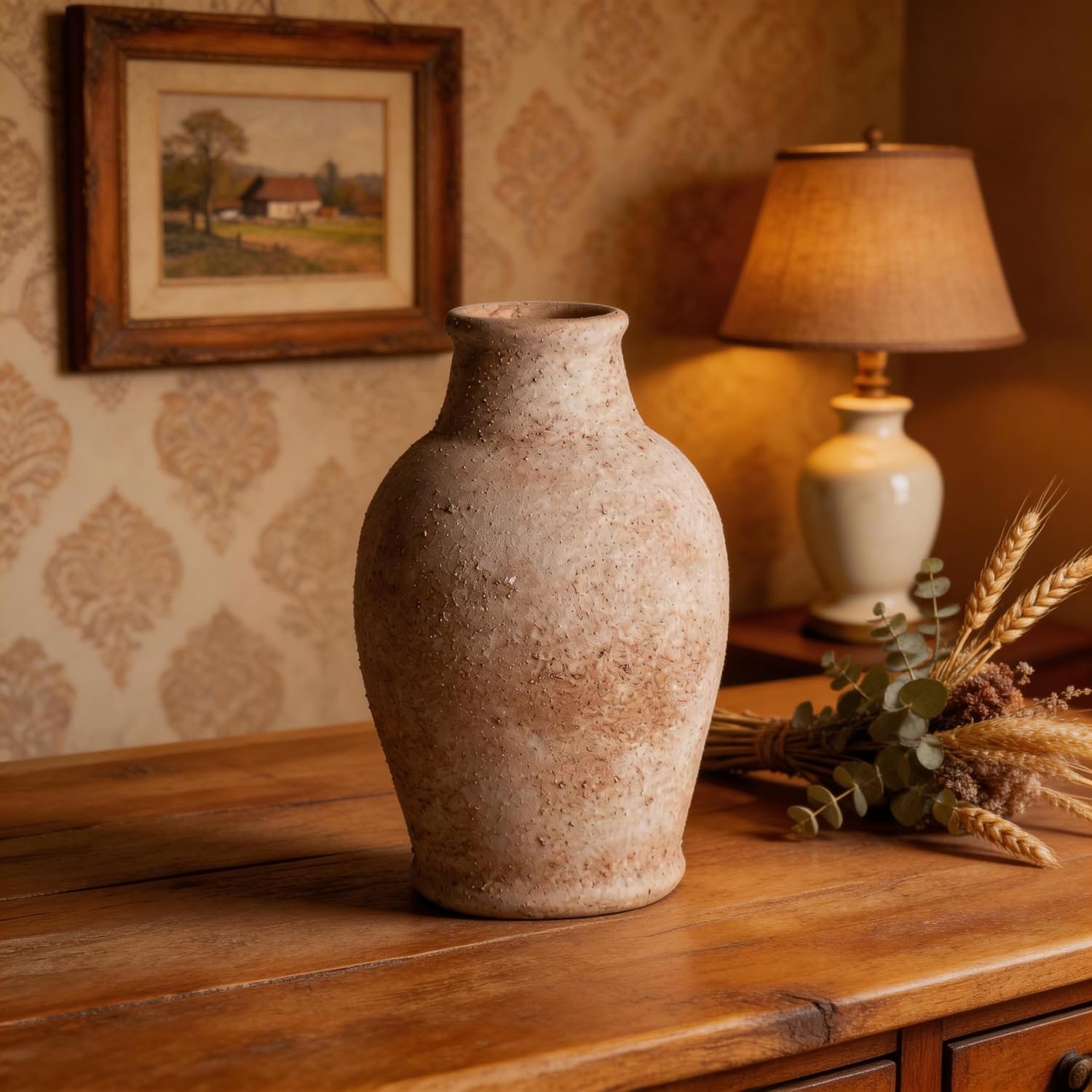 Handmade Rustic Ceramic Decorative vase, 8.3 x 5.5 inches, Off-White, Handcrafted in Vintage Style, Complements Rustic, Country, and Various Decor Themes.