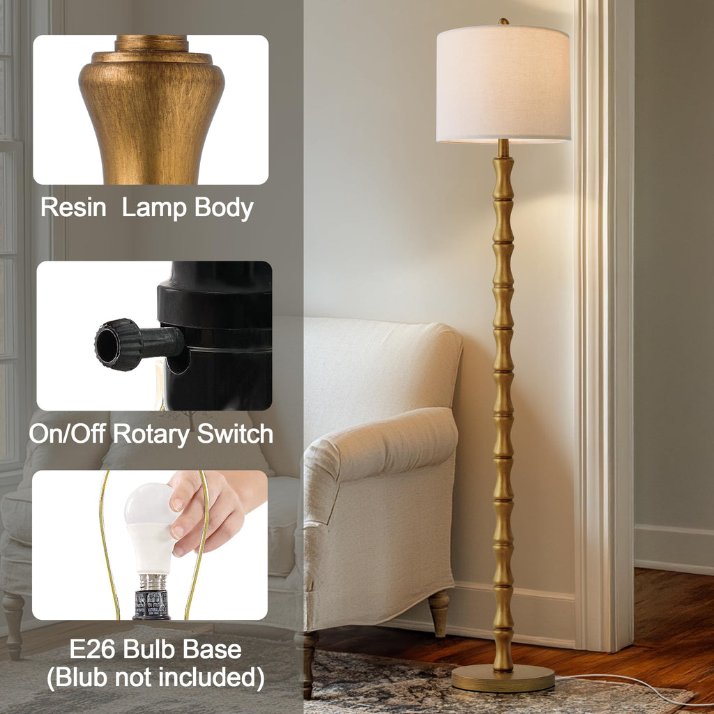 BOBOMOMO 62" Rustic Floor Lamp for Living Room, Retro Farmhouse Floor Lamp Rotary Switch, Resin Standing Lamp for Living Room, Corner, Dining Room, Bedroom, House