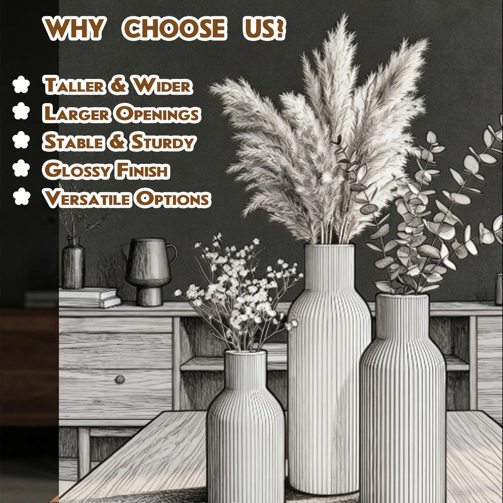 Ceramic Vases Set of 3 – Modern Matte Ribbed Vases for Pampas Grass & Dried Flowers | Boho, Farmhouse & Minimalist Home Decor