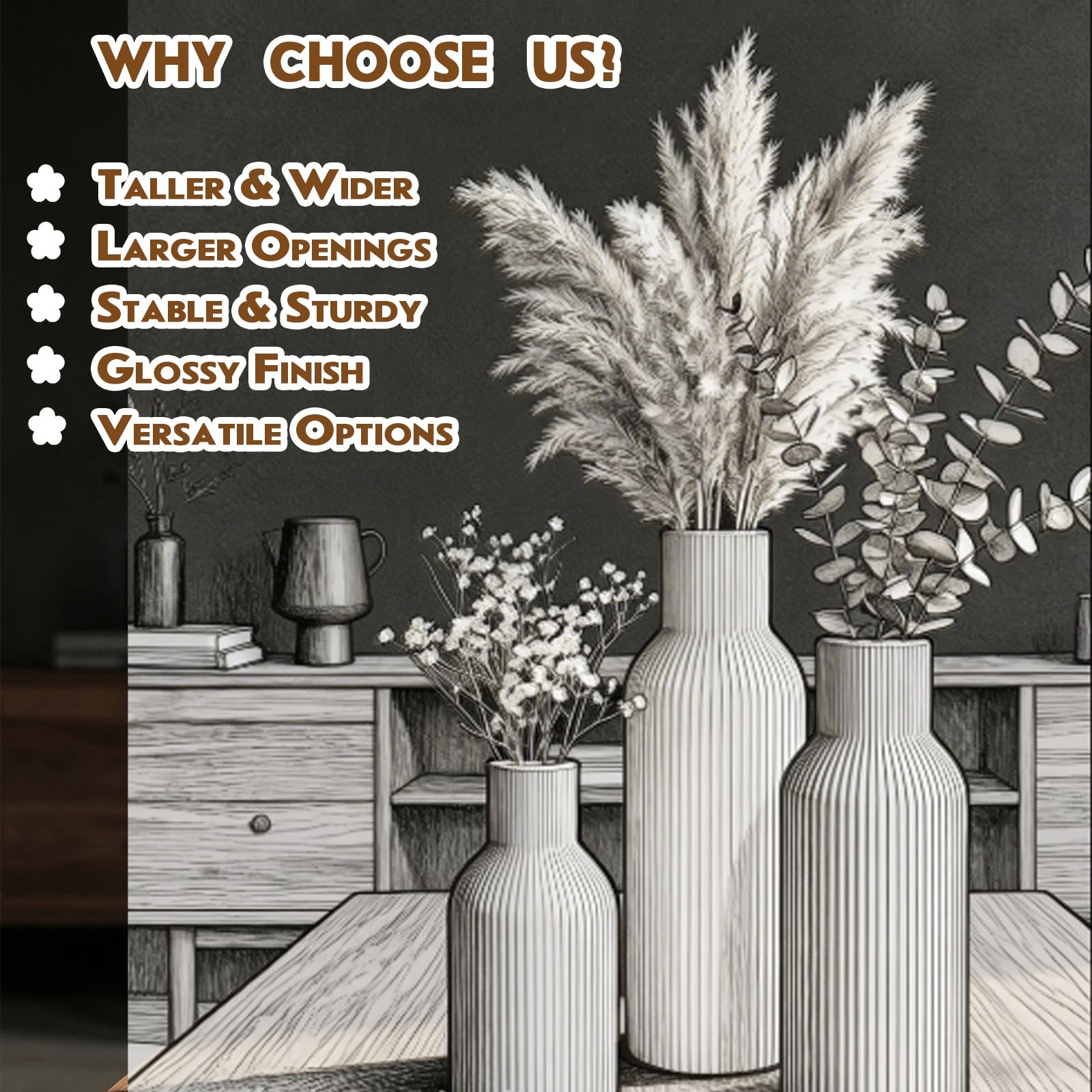 Ceramic Vases Set of 3 – Modern Matte Ribbed Vases for Pampas Grass & Dried Flowers | Boho, Farmhouse & Minimalist Home Decor