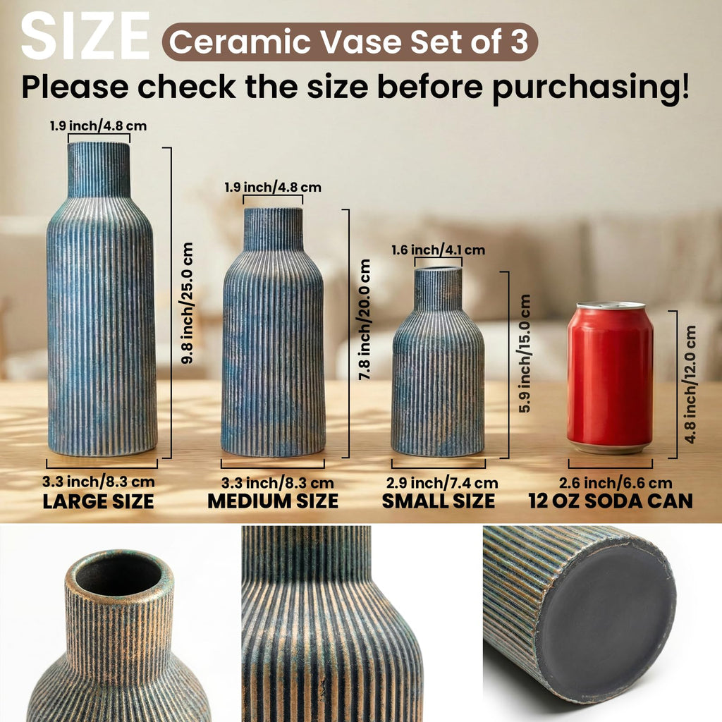 Ceramic Vases Set of 3 – Modern Matte Ribbed Vases for Pampas Grass & Dried Flowers | Boho, Farmhouse & Minimalist Home Decor