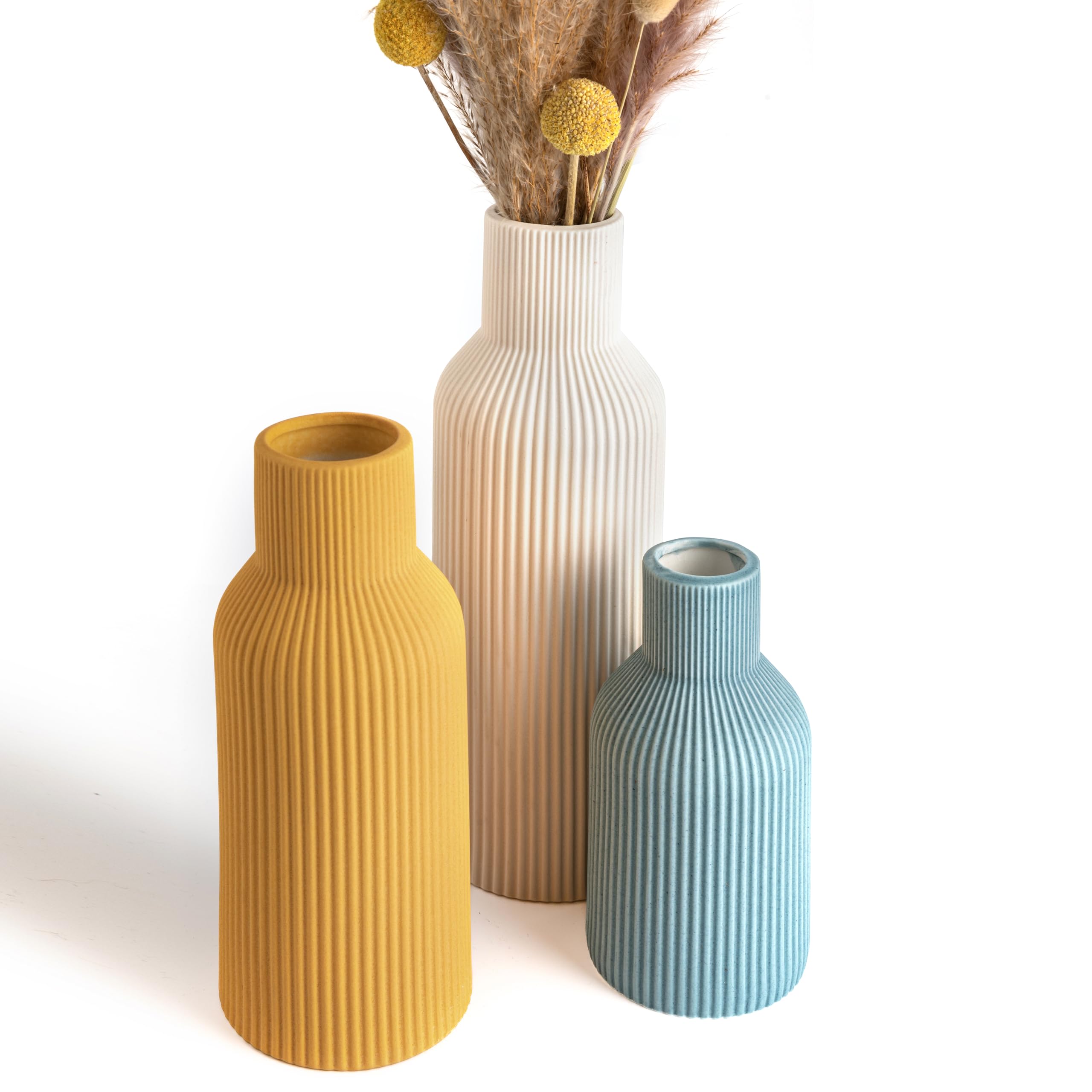 Ceramic Vases Set of 3 – Modern Matte Ribbed Vases for Pampas Grass & Dried Flowers | Boho, Farmhouse & Minimalist Home Decor