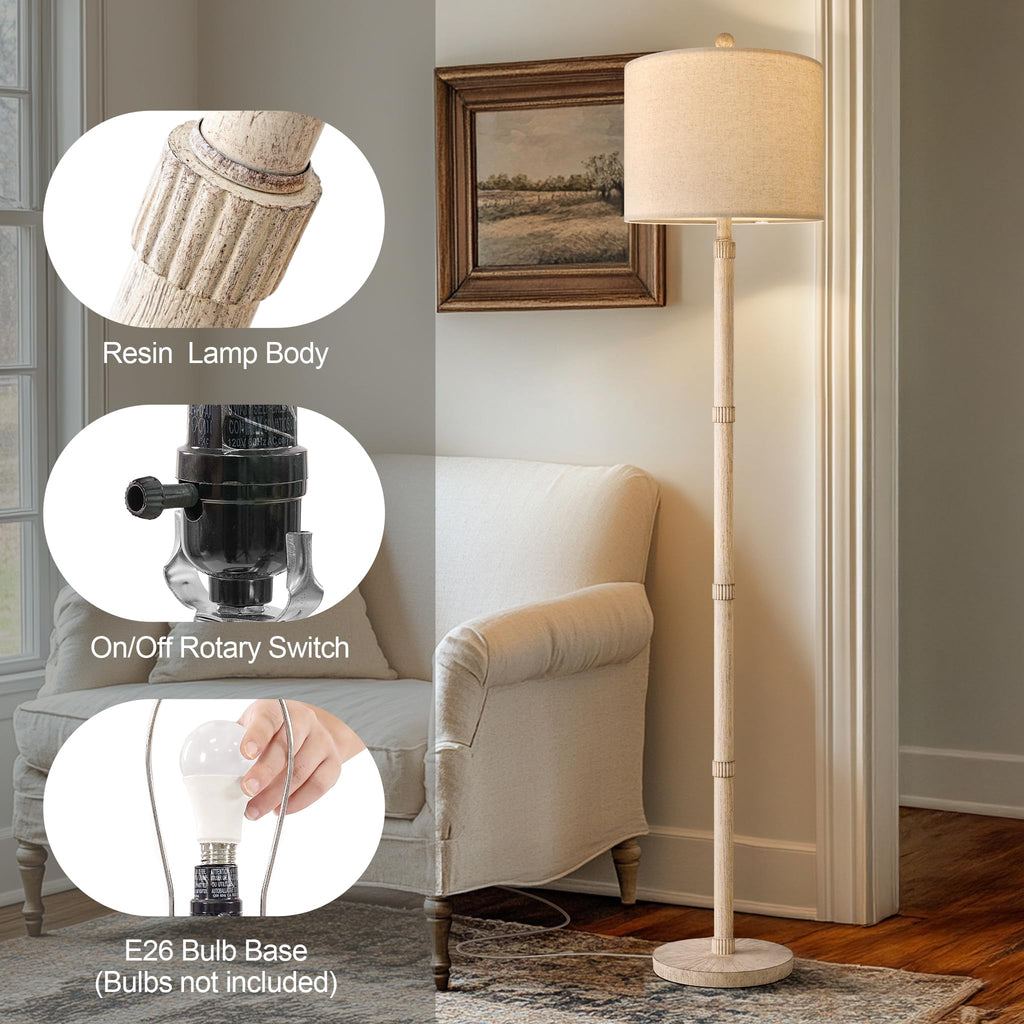 BOBOMOMO 62" Rustic Floor Lamp for Living Room, Retro Farmhouse Floor Lamp Rotary Switch, Resin Standing Lamp for Living Room, Corner, Dining Room, Bedroom, House