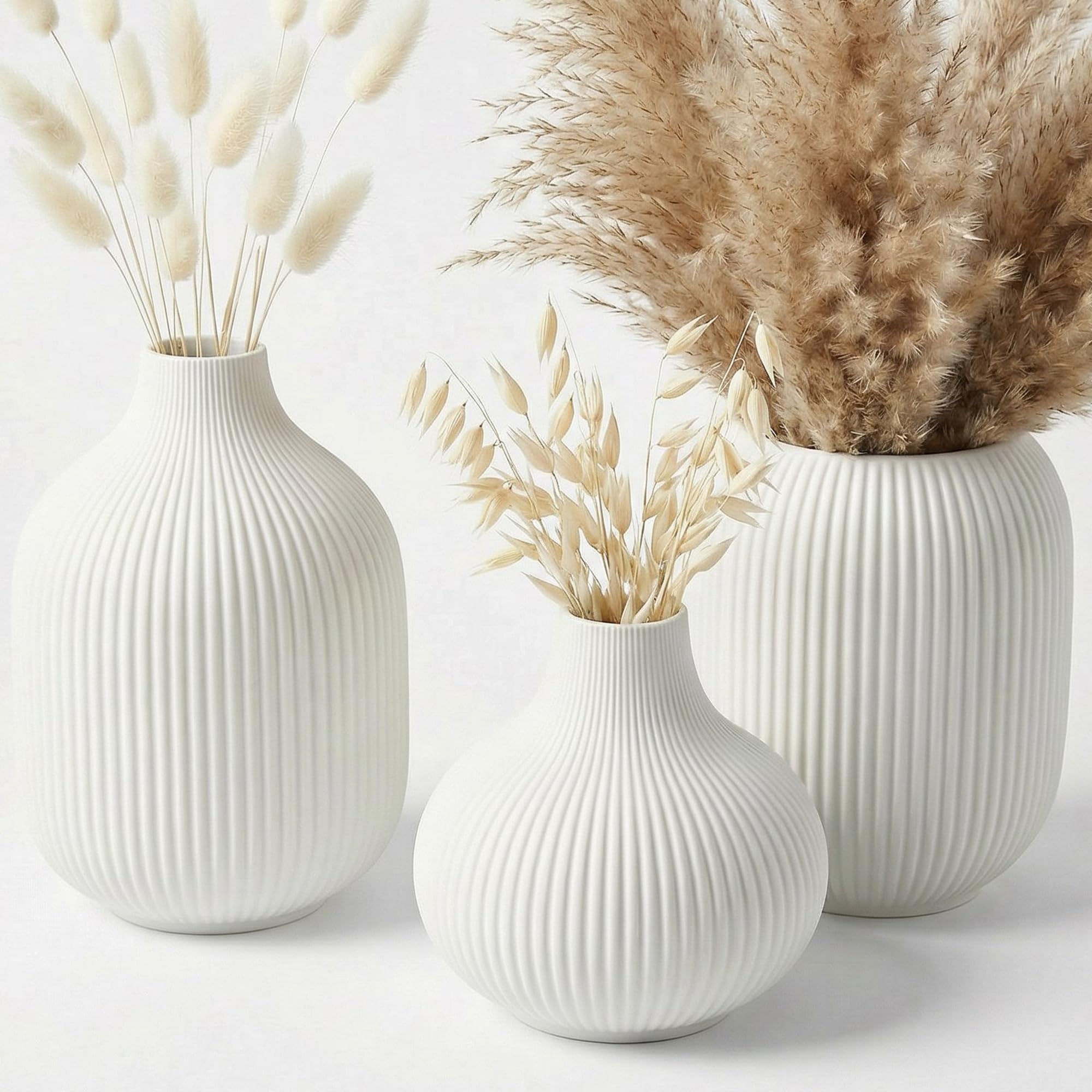 Ceramic Vases Set of 3 – Modern Matte Ribbed Vases for Pampas Grass & Dried Flowers | Boho, Farmhouse & Minimalist Home Decor