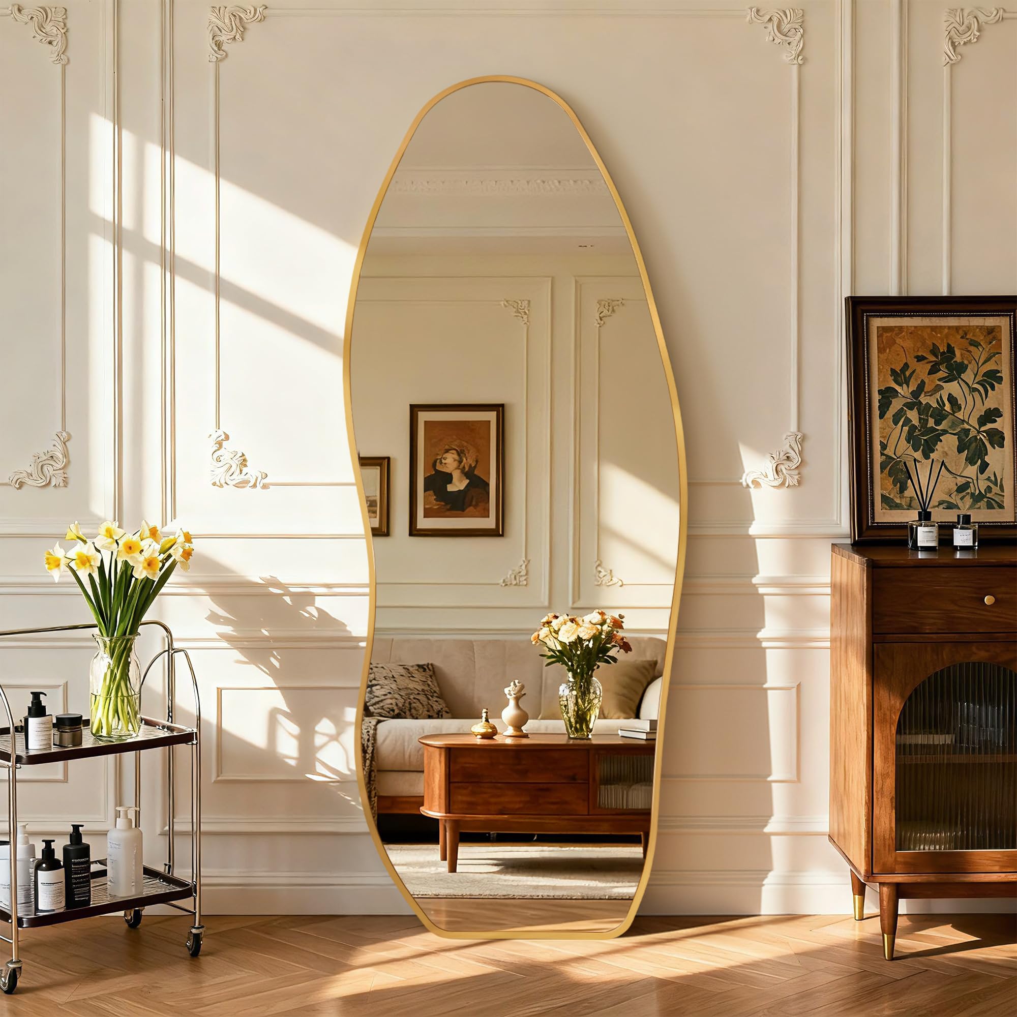 Dorlicecass Irregular Wall Mirror - Wall Mirrors Decorative 22"x 36" Asymmetrical Abstract Mirror Aviation Aluminum Alloy Frame Unique for Bathroom, Bedroom, Living Room, Cloakroom, Entryway Gold