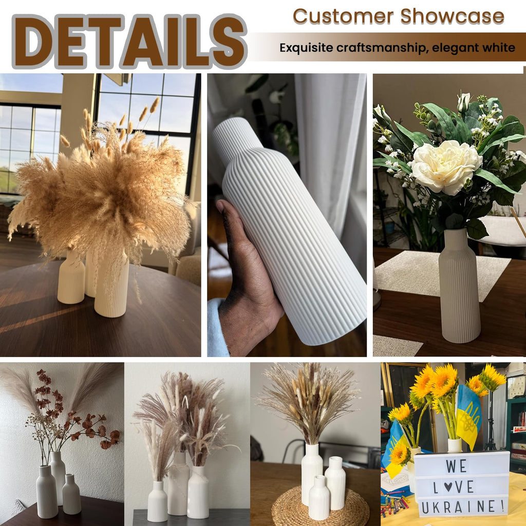 Ceramic Vases Set of 3 – Modern Matte Ribbed Vases for Pampas Grass & Dried Flowers | Boho, Farmhouse & Minimalist Home Decor