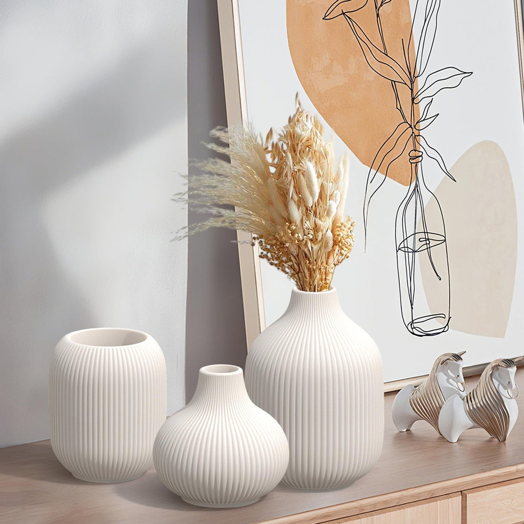 Ceramic Vases Set of 3 – Modern Matte Ribbed Vases for Pampas Grass & Dried Flowers | Boho, Farmhouse & Minimalist Home Decor